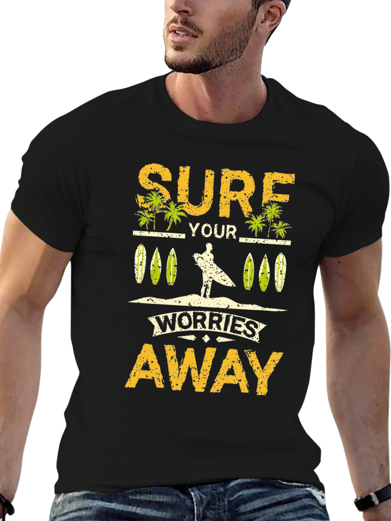 Surf Your Worries Away Black Graphic T-Shirt