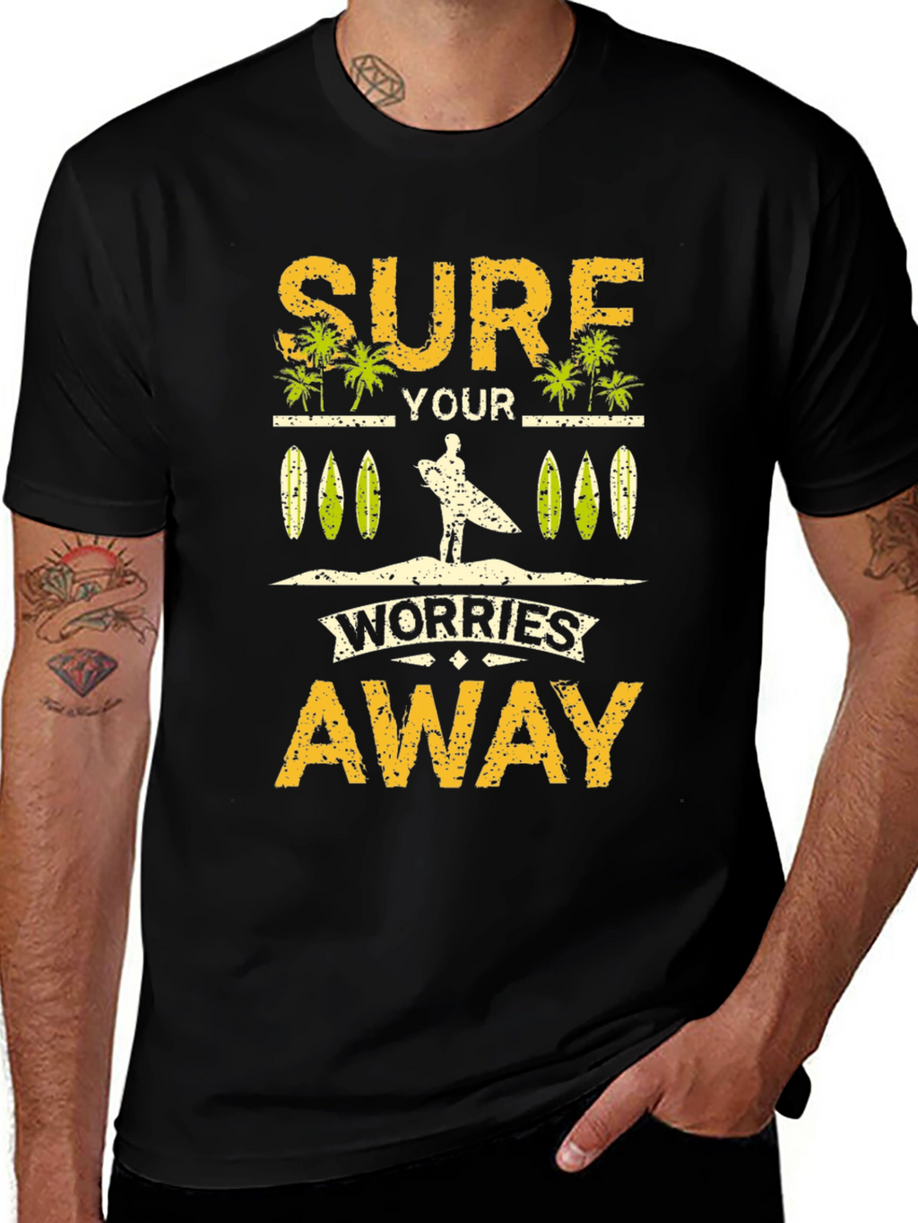 Surf Your Worries Away Black Graphic T-Shirt