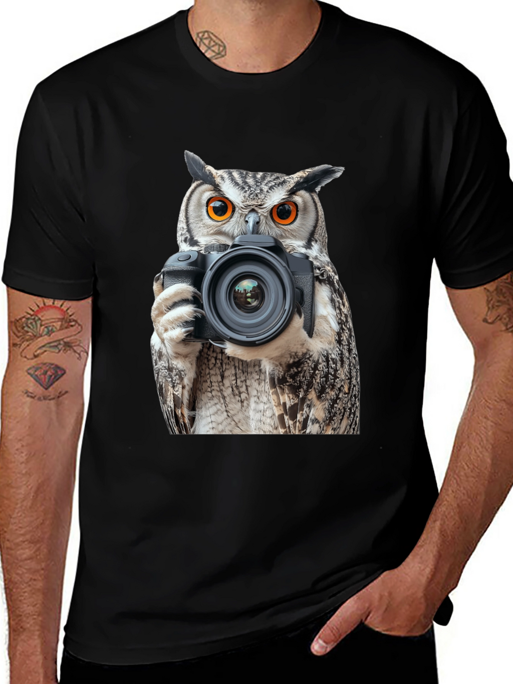 Owl Photographer Graphic Tee - Mens Black T-Shirt