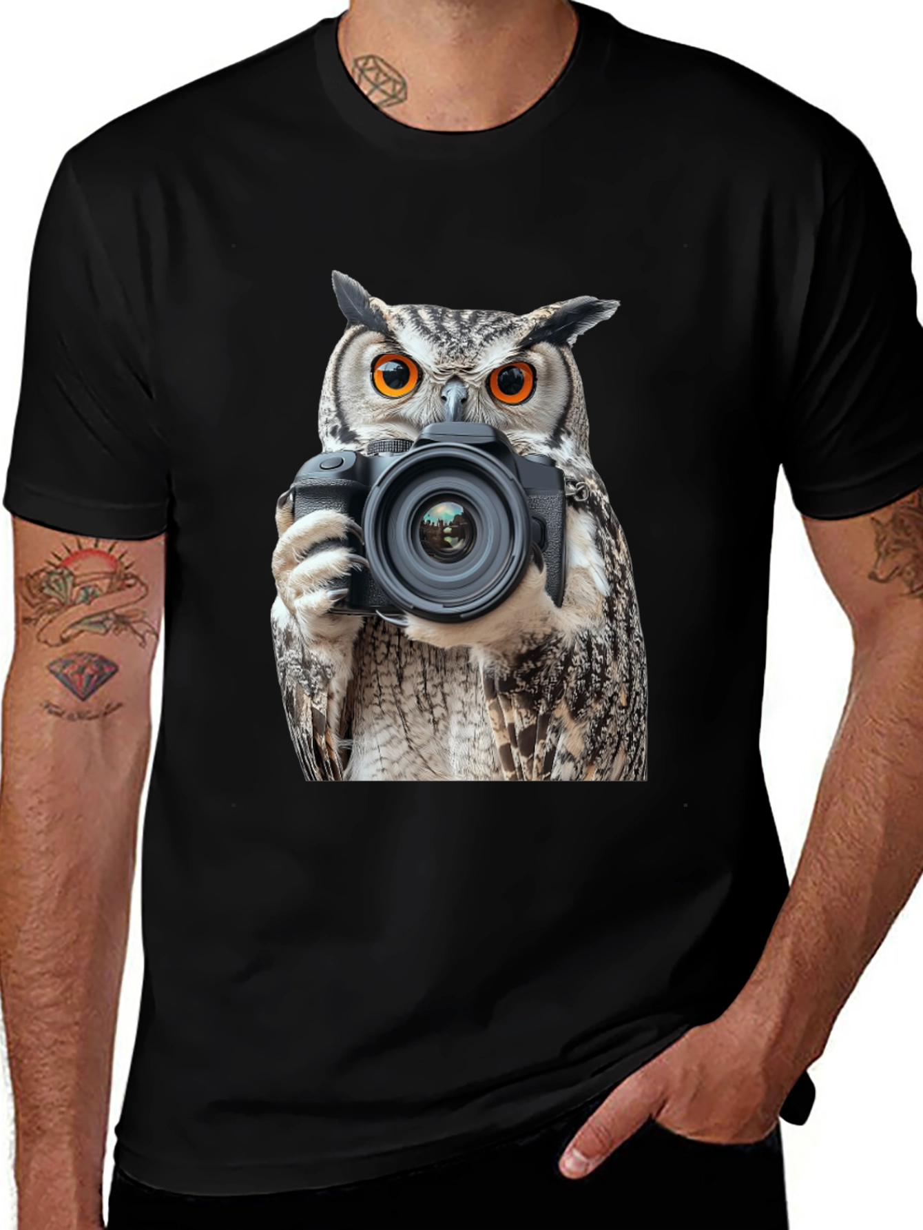 Owl Photographer Graphic Tee - Mens Black T-Shirt