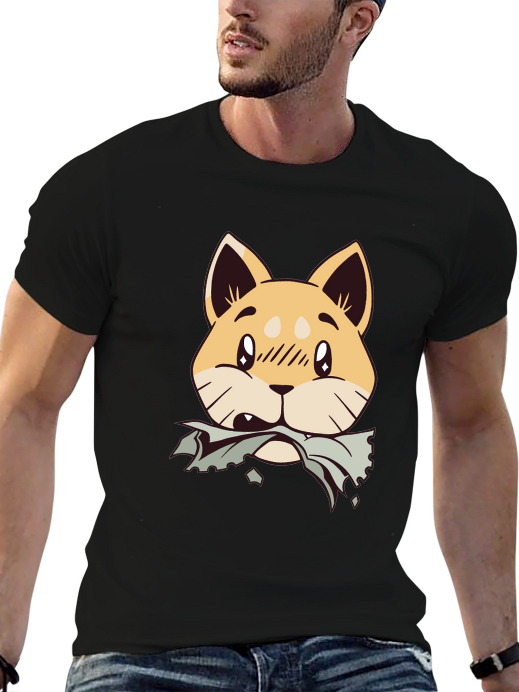 Cute Shiba Inu Chewing T-Shirt - Black Cotton Tee