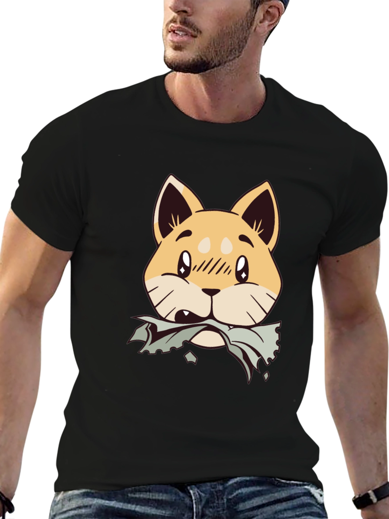 Cute Shiba Inu Chewing T-Shirt - Black Cotton Tee