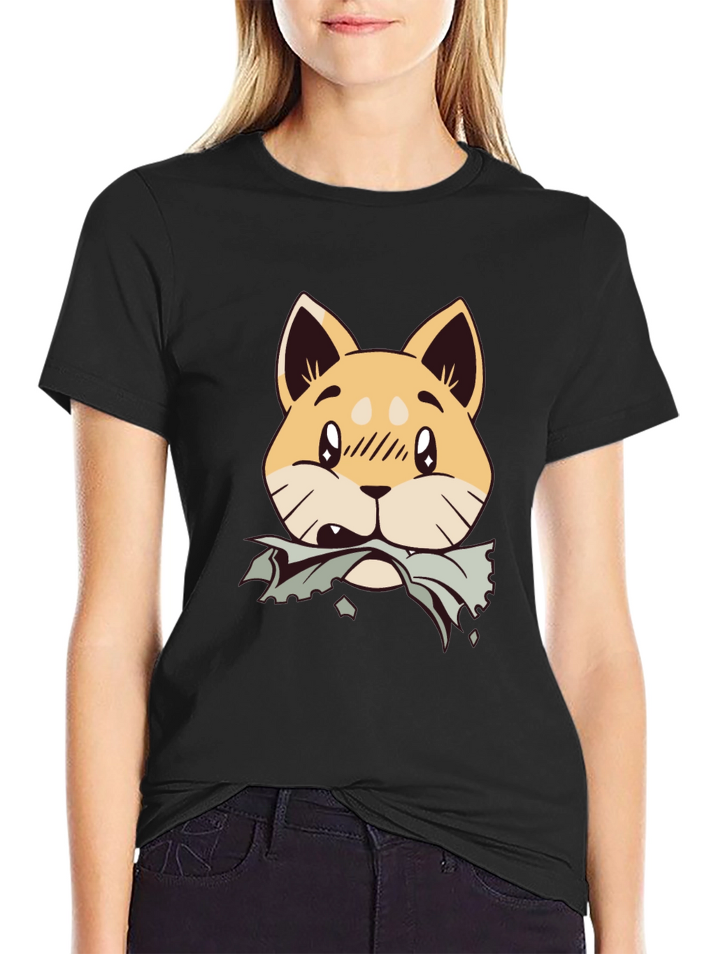 Cute Shiba Inu Chewing T-Shirt - Black Cotton Tee