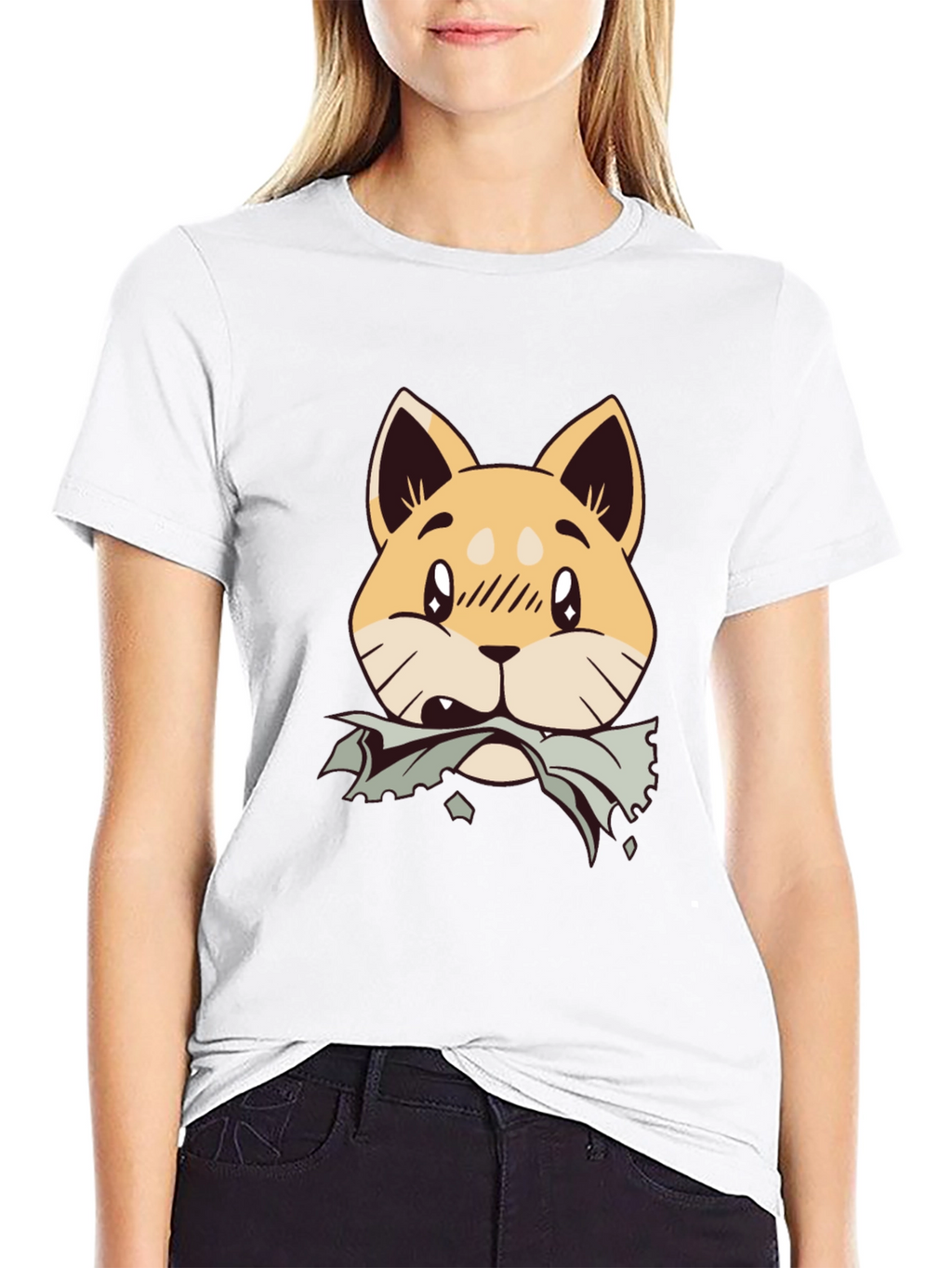 Cute Shiba Inu Chewing T-Shirt - Black Cotton Tee