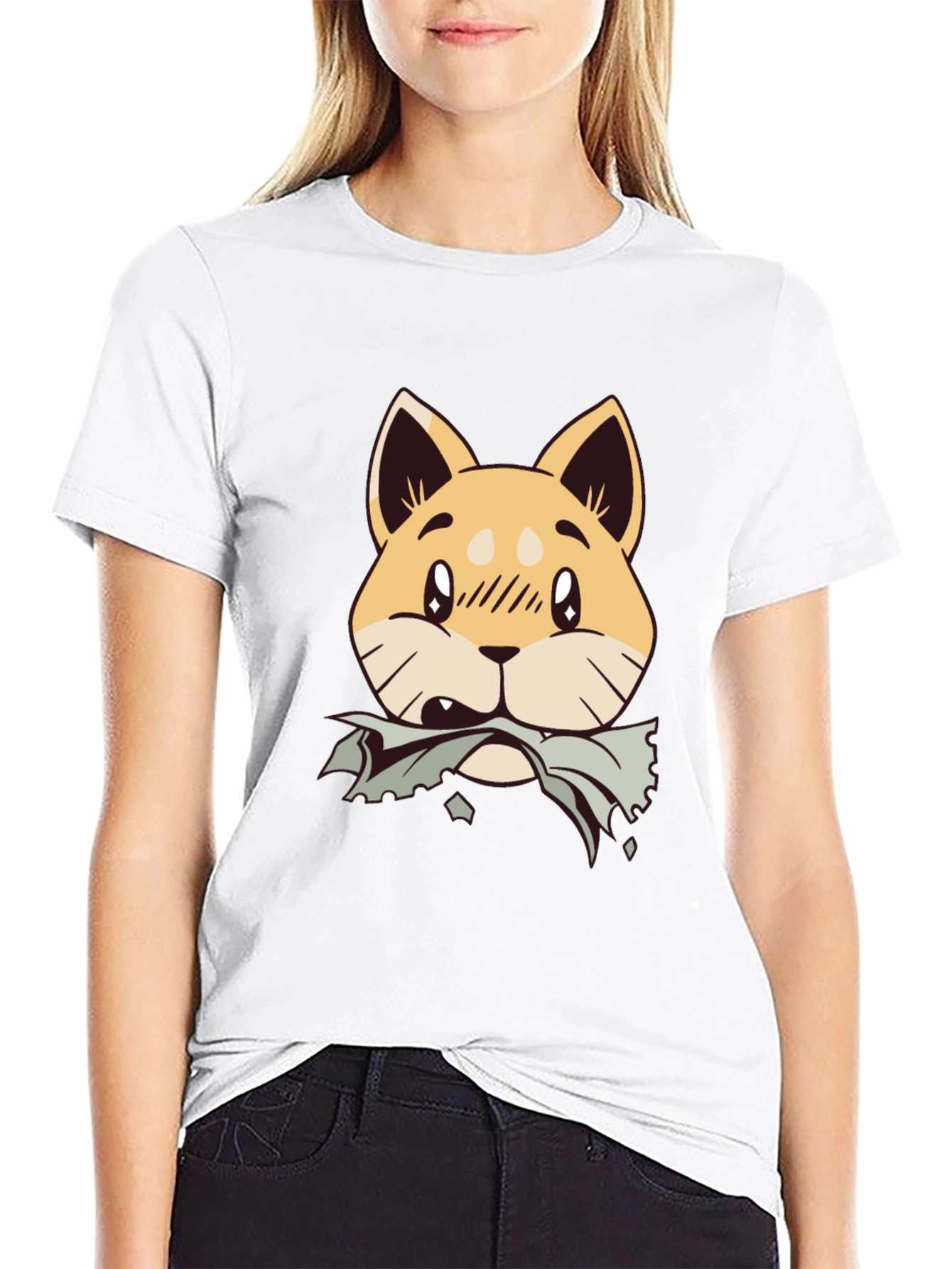 Cute Shiba Inu Chewing T-Shirt - Black Cotton Tee