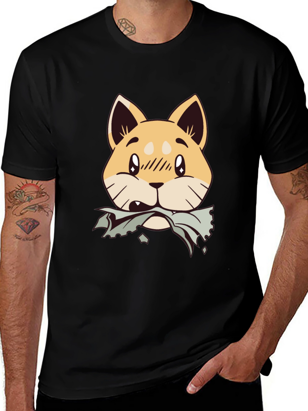 Cute Shiba Inu Chewing T-Shirt - Black Cotton Tee