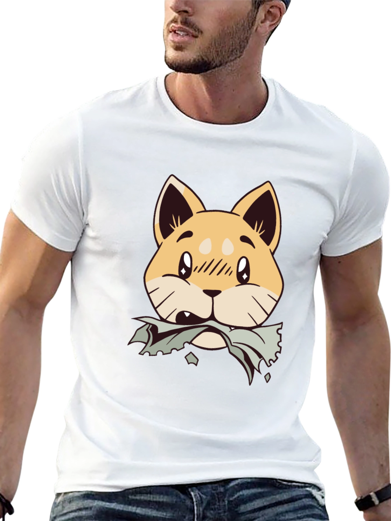 Cute Shiba Inu Chewing T-Shirt - Black Cotton Tee