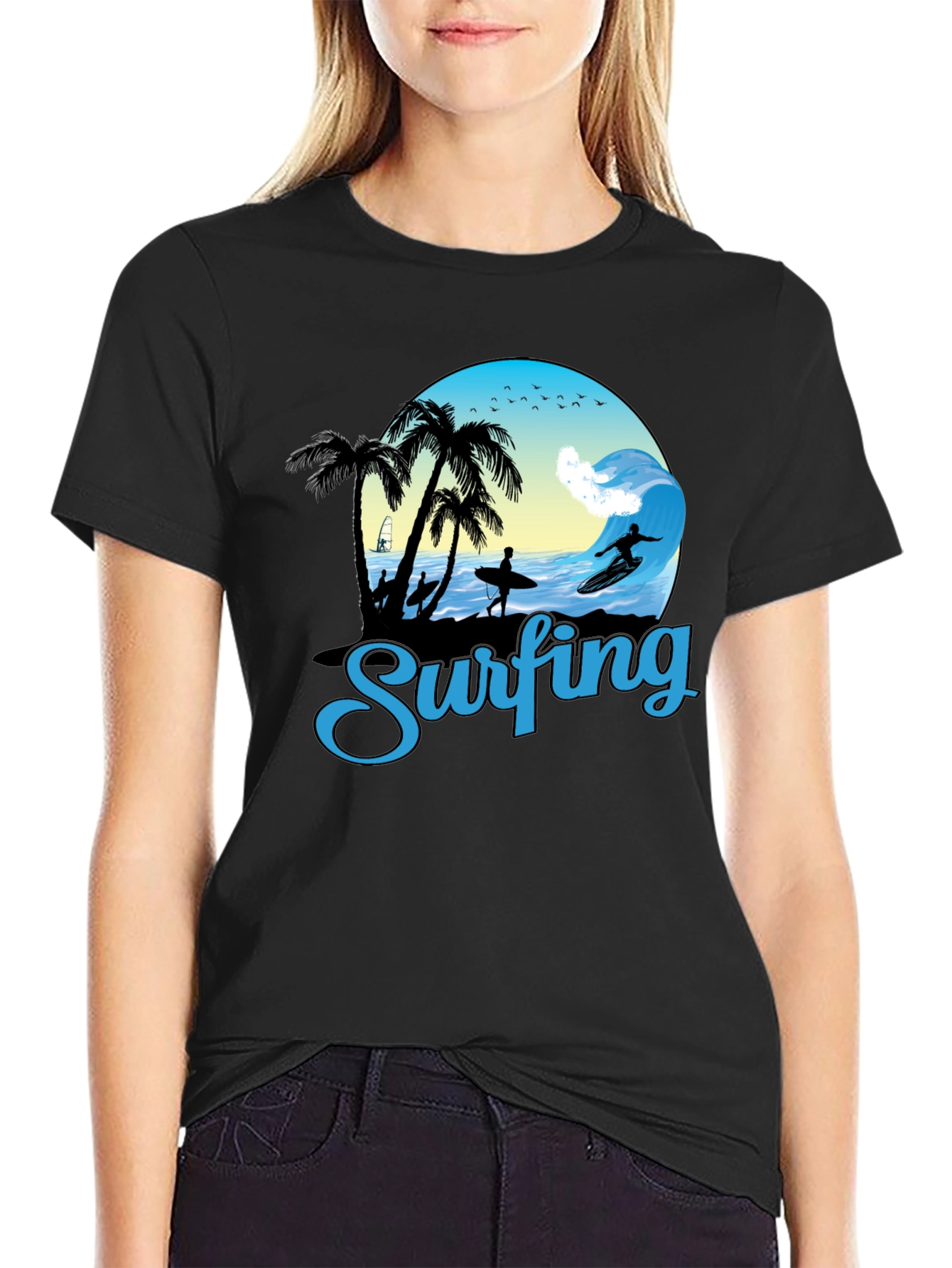Surfing Graphic T-Shirt - Black Cotton Tee