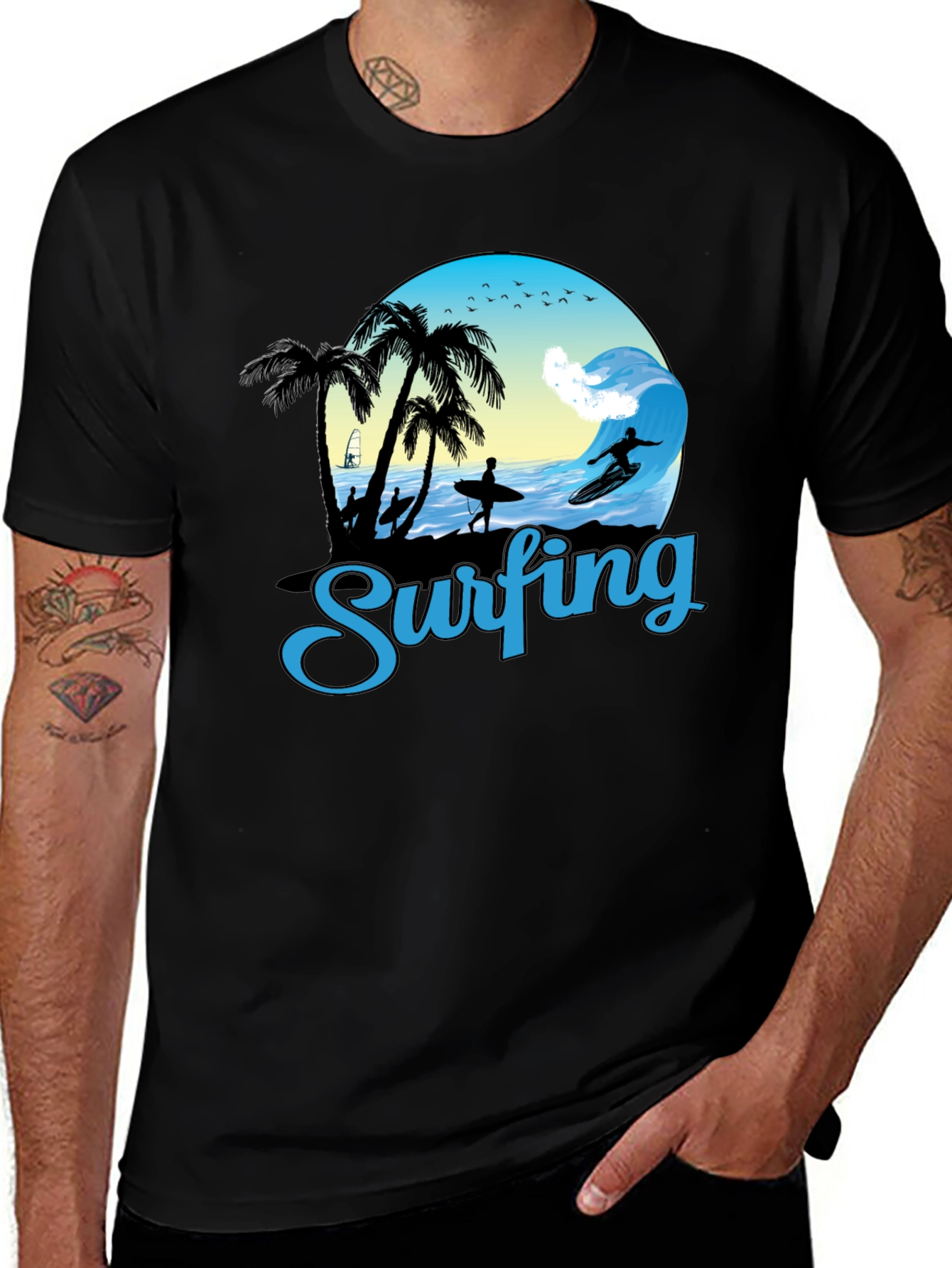 Surfing Graphic T-Shirt - Black Cotton Tee