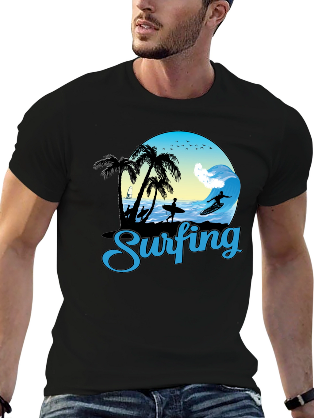 Surfing Graphic T-Shirt - Black Cotton Tee