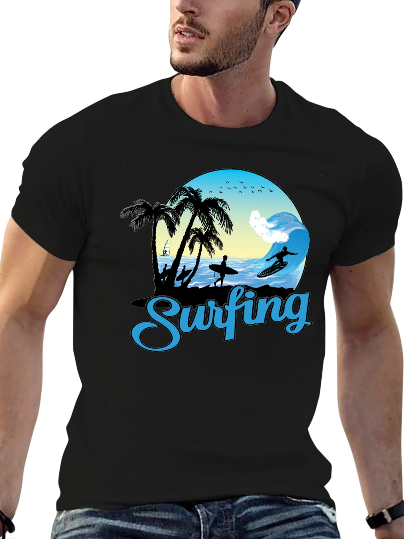 Surfing Graphic T-Shirt - Black Cotton Tee