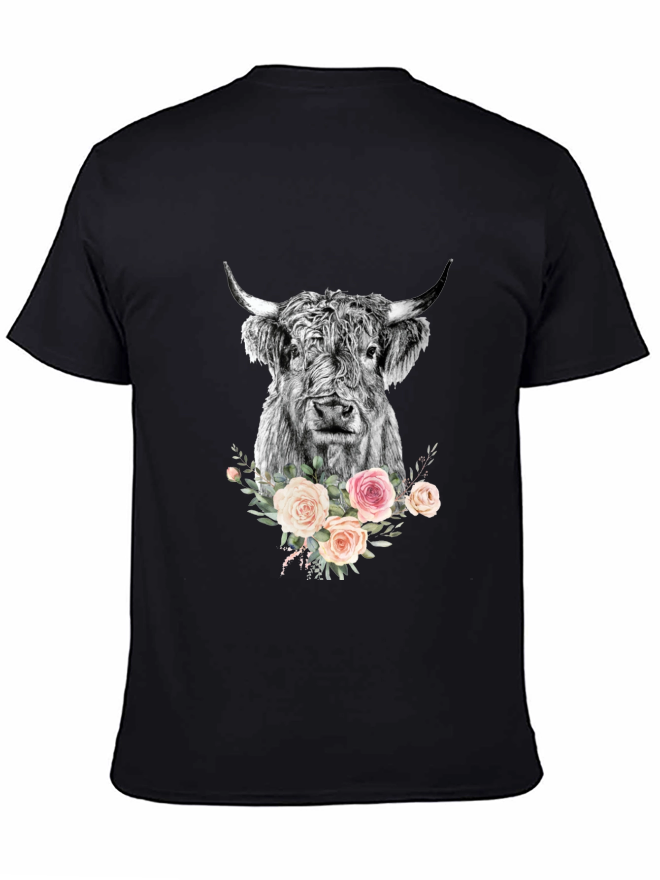 Floral Highland Cow Graphic Tee - Black