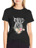 Floral Highland Cow Graphic Tee - Black