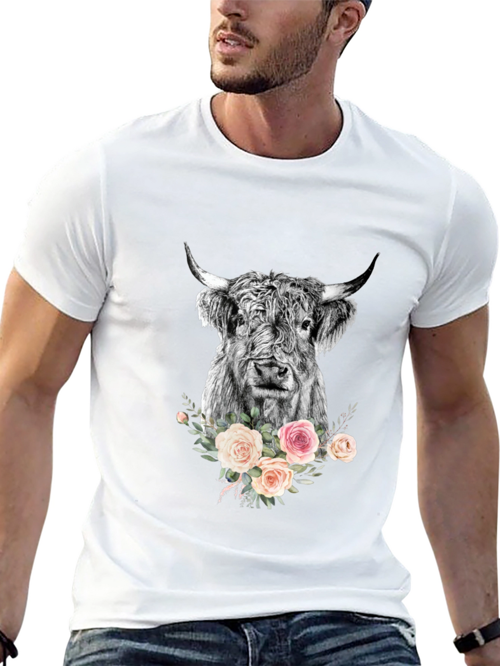 Floral Highland Cow Graphic Tee - Black