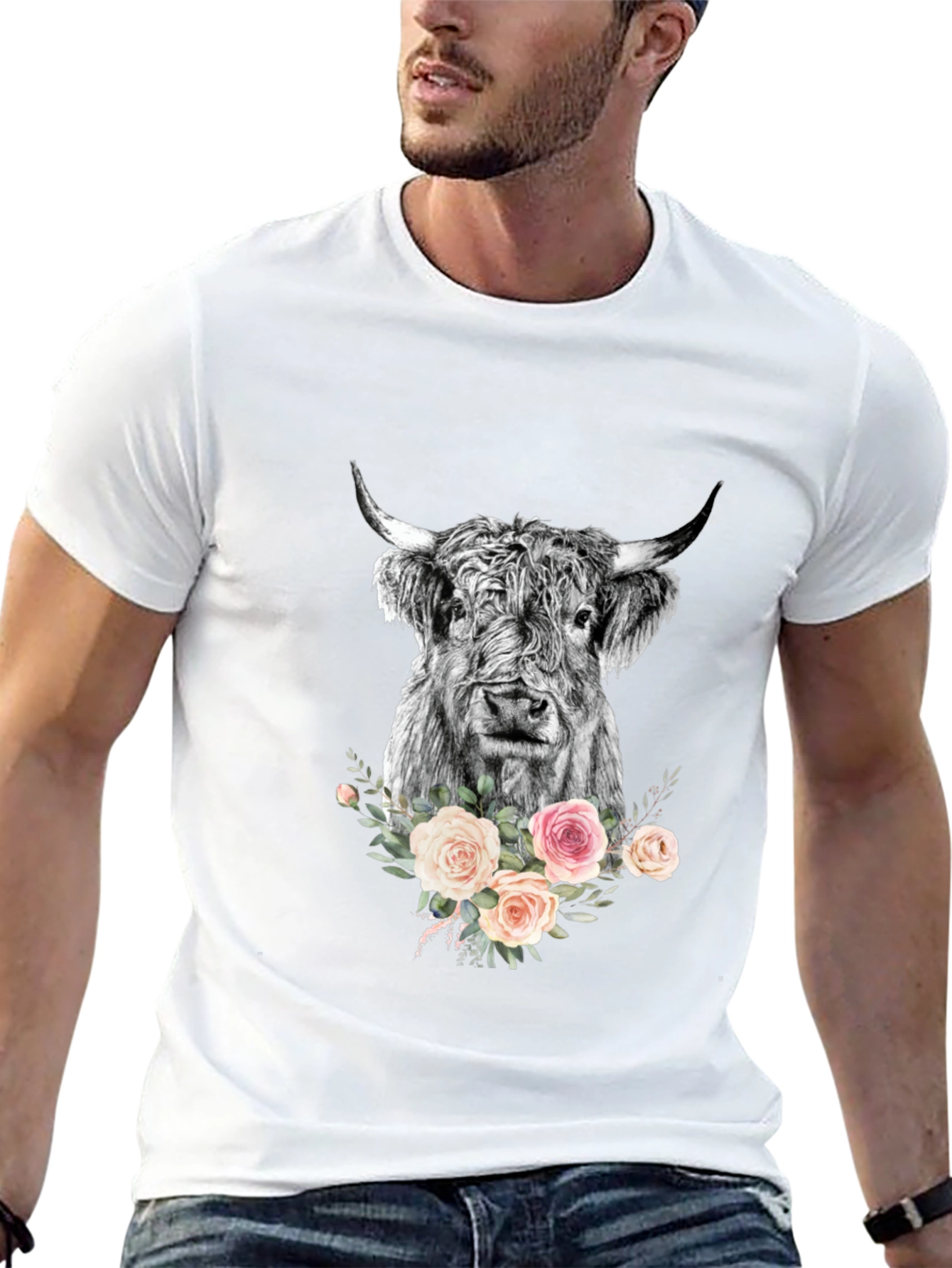 Floral Highland Cow Graphic Tee - Black