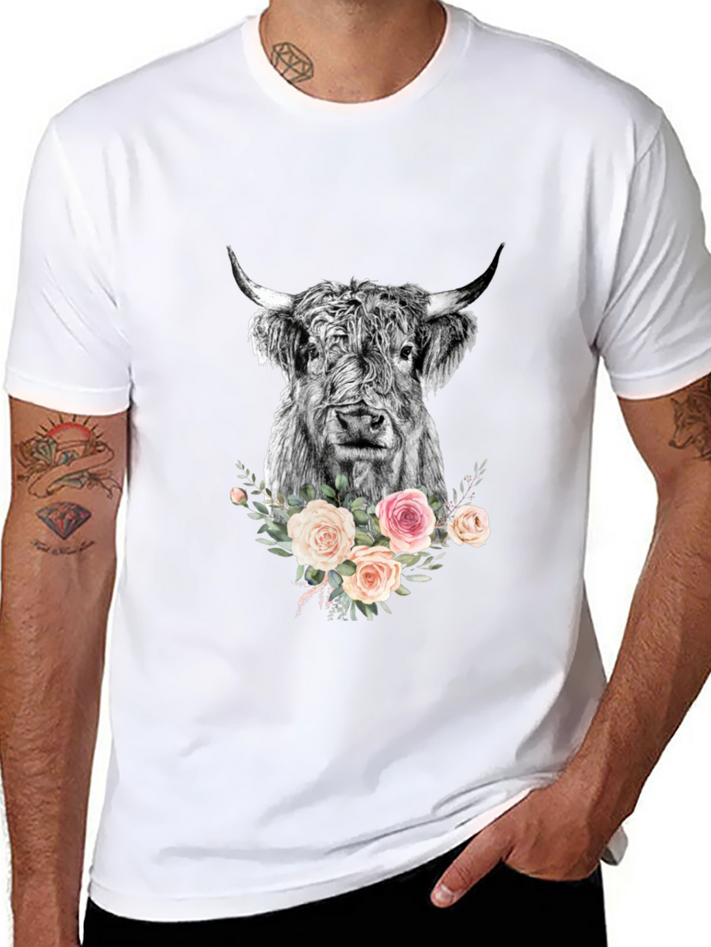 Floral Highland Cow Graphic Tee - Black