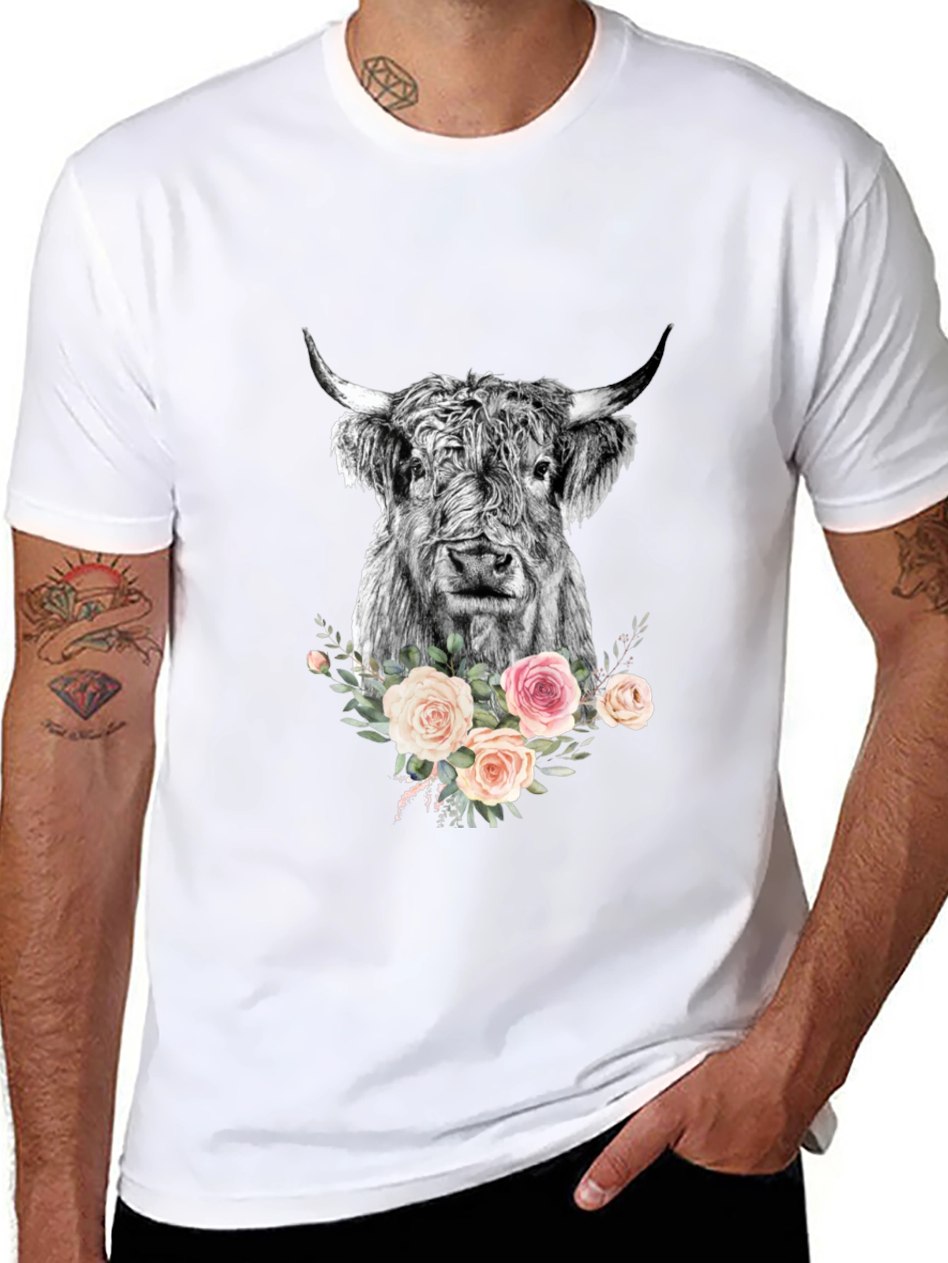 Floral Highland Cow Graphic Tee - Black
