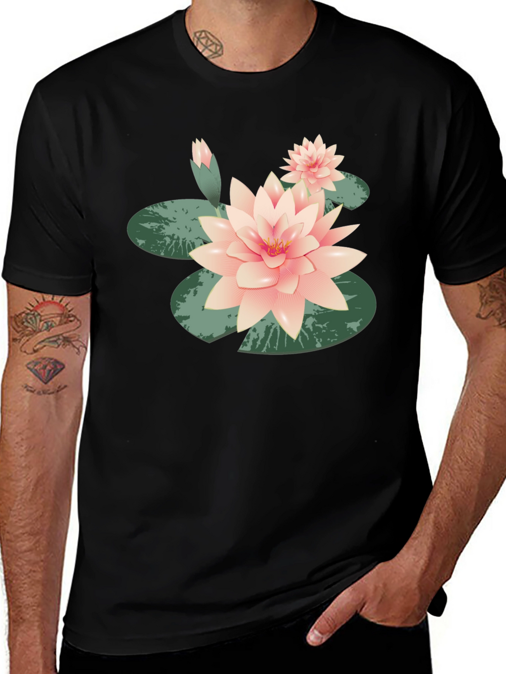 Lotus Flower Graphic Tee - Black Cotton Casual