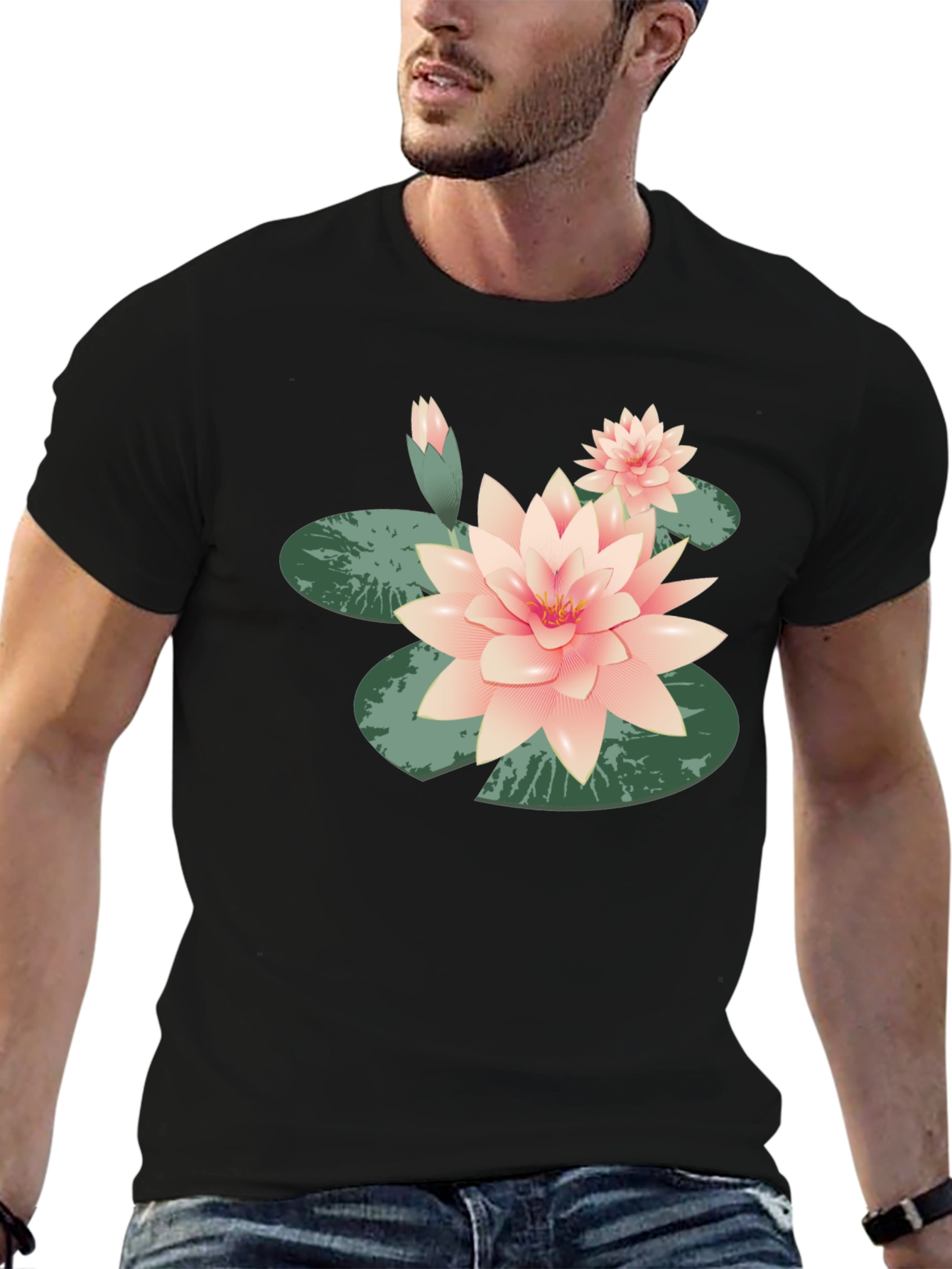 Lotus Flower Graphic Tee - Black Cotton Casual