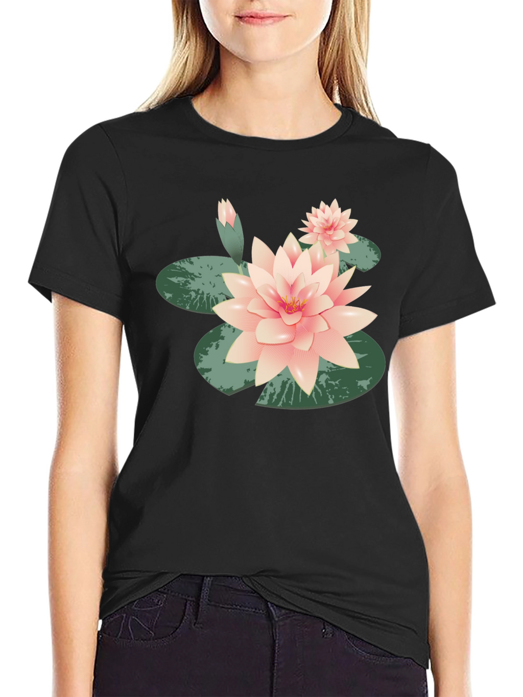 Lotus Flower Graphic Tee - Black Cotton Casual