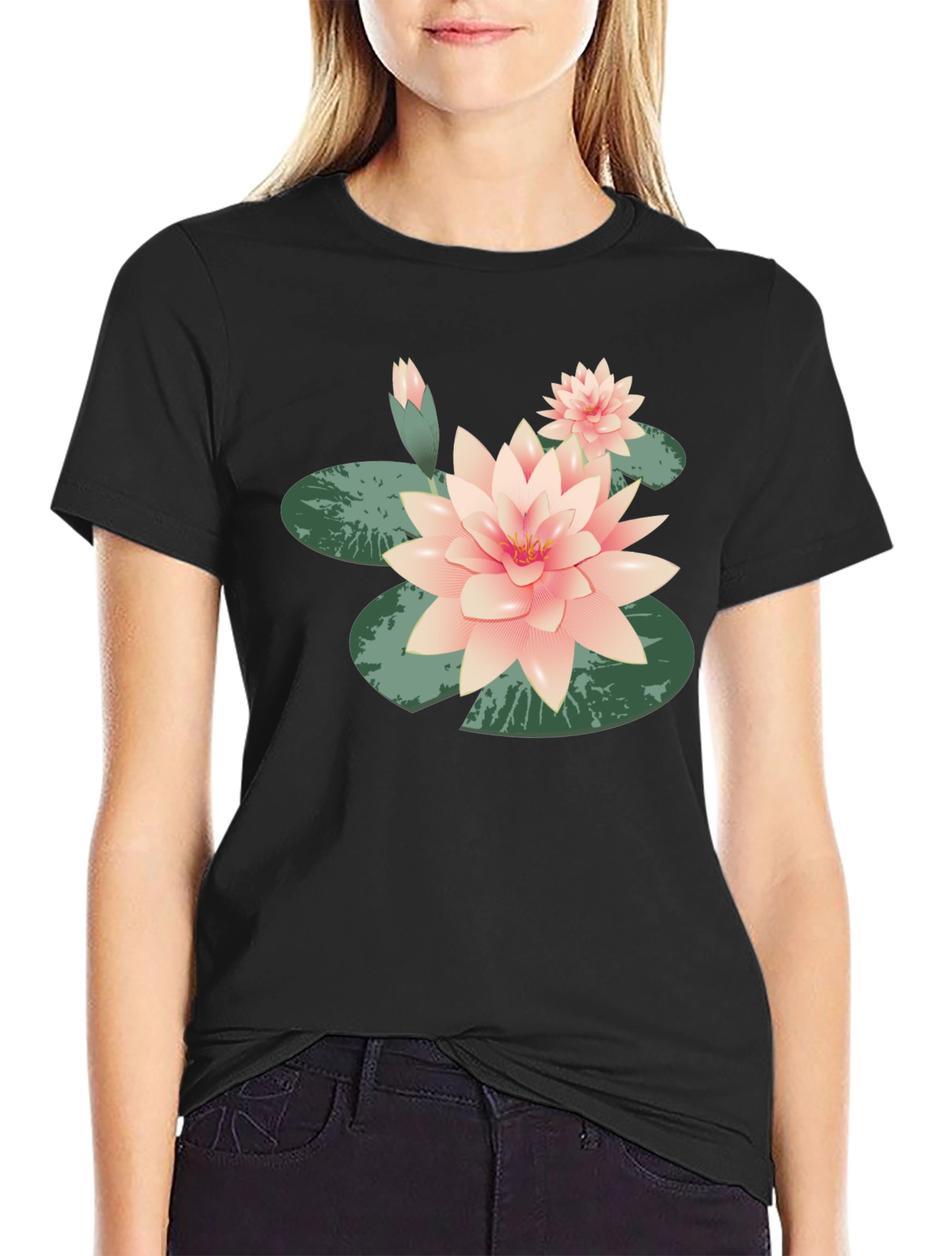 Lotus Flower Graphic Tee - Black Cotton Casual