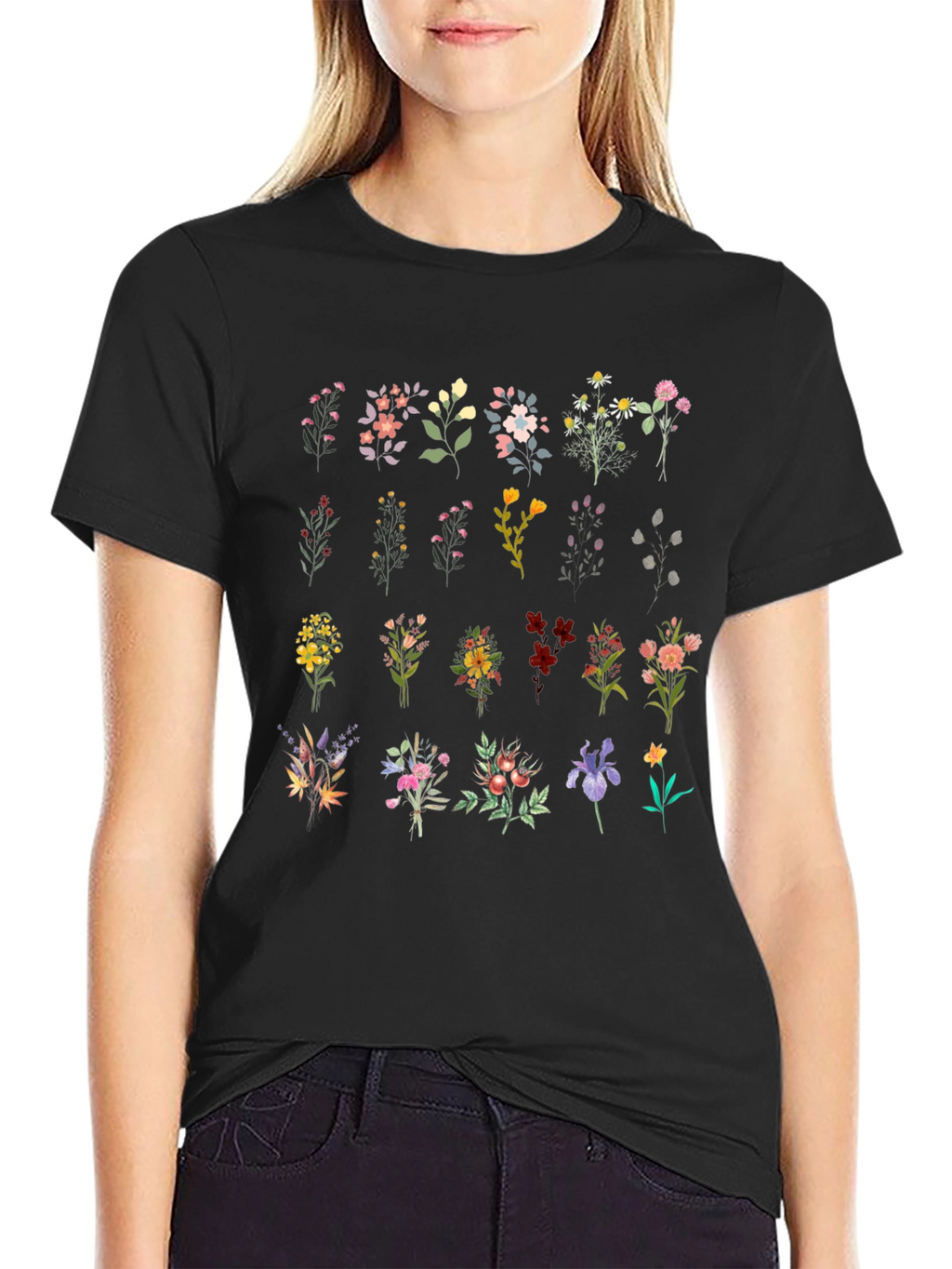 Floral Bouquet Print Black T-Shirt