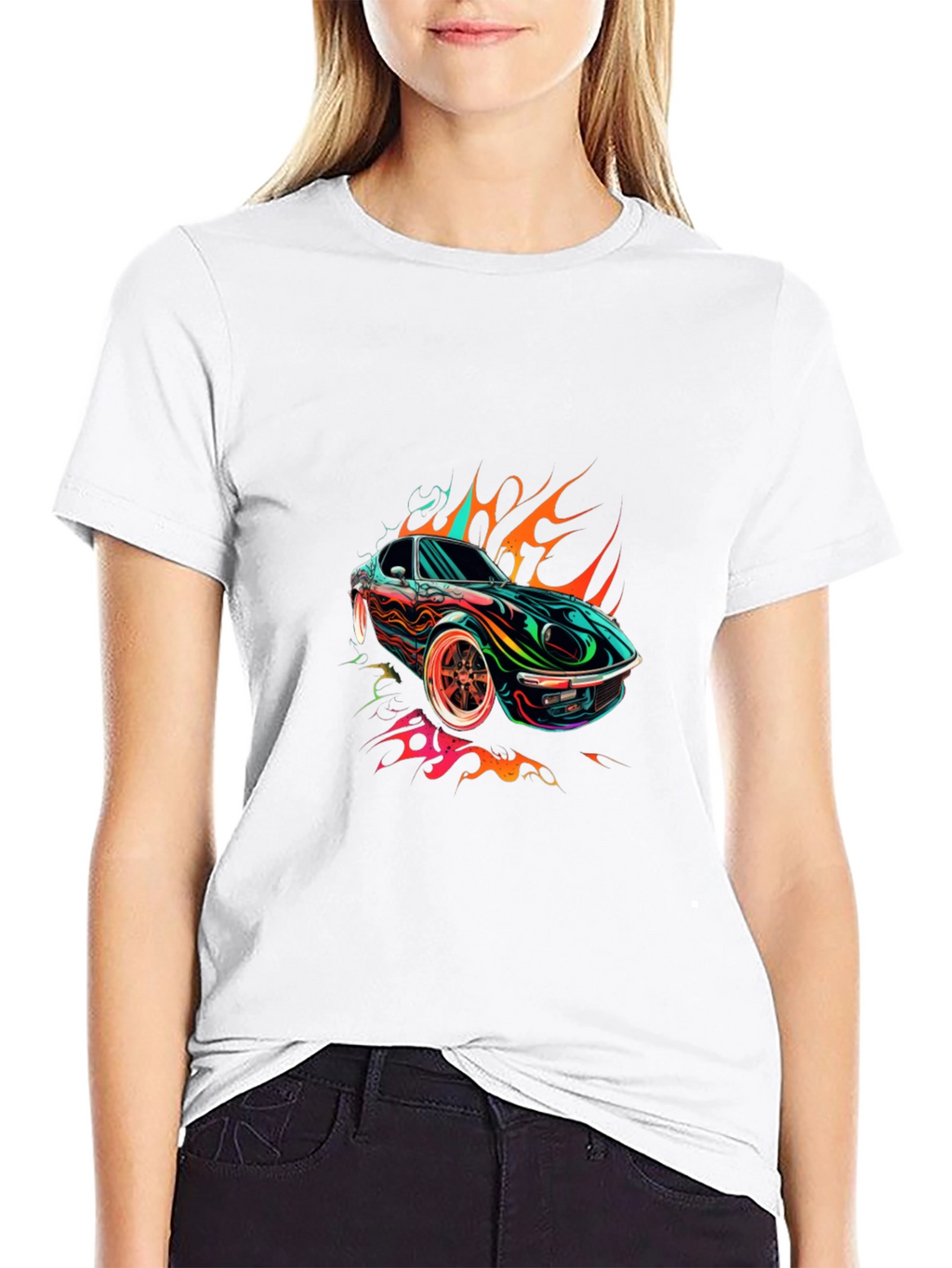 Flaming Car Graphic Tee - Stylish Cotton Blend
