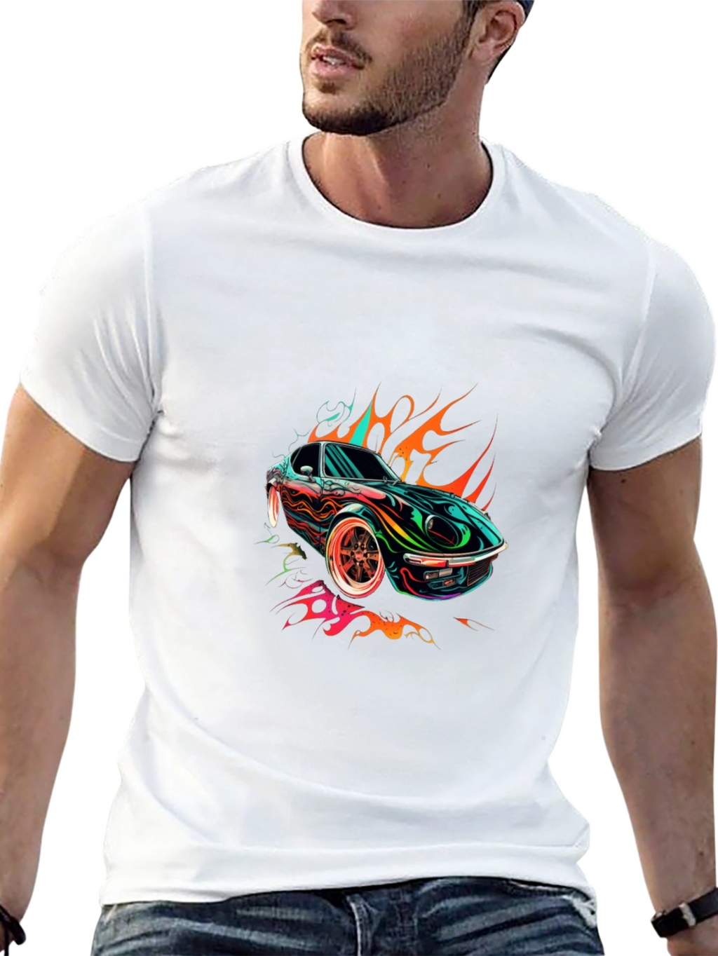 Flaming Car Graphic Tee - Stylish Cotton Blend
