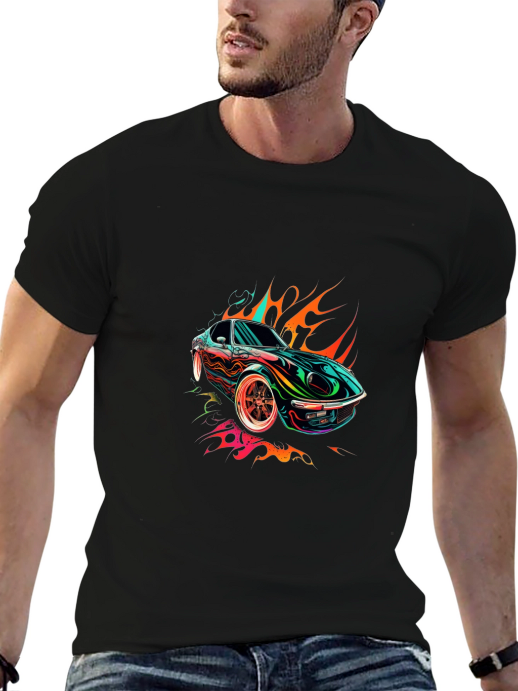 Flaming Car Graphic Tee - Stylish Cotton Blend