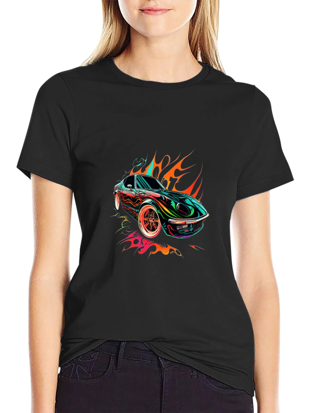 Flaming Car Graphic Tee - Stylish Cotton Blend