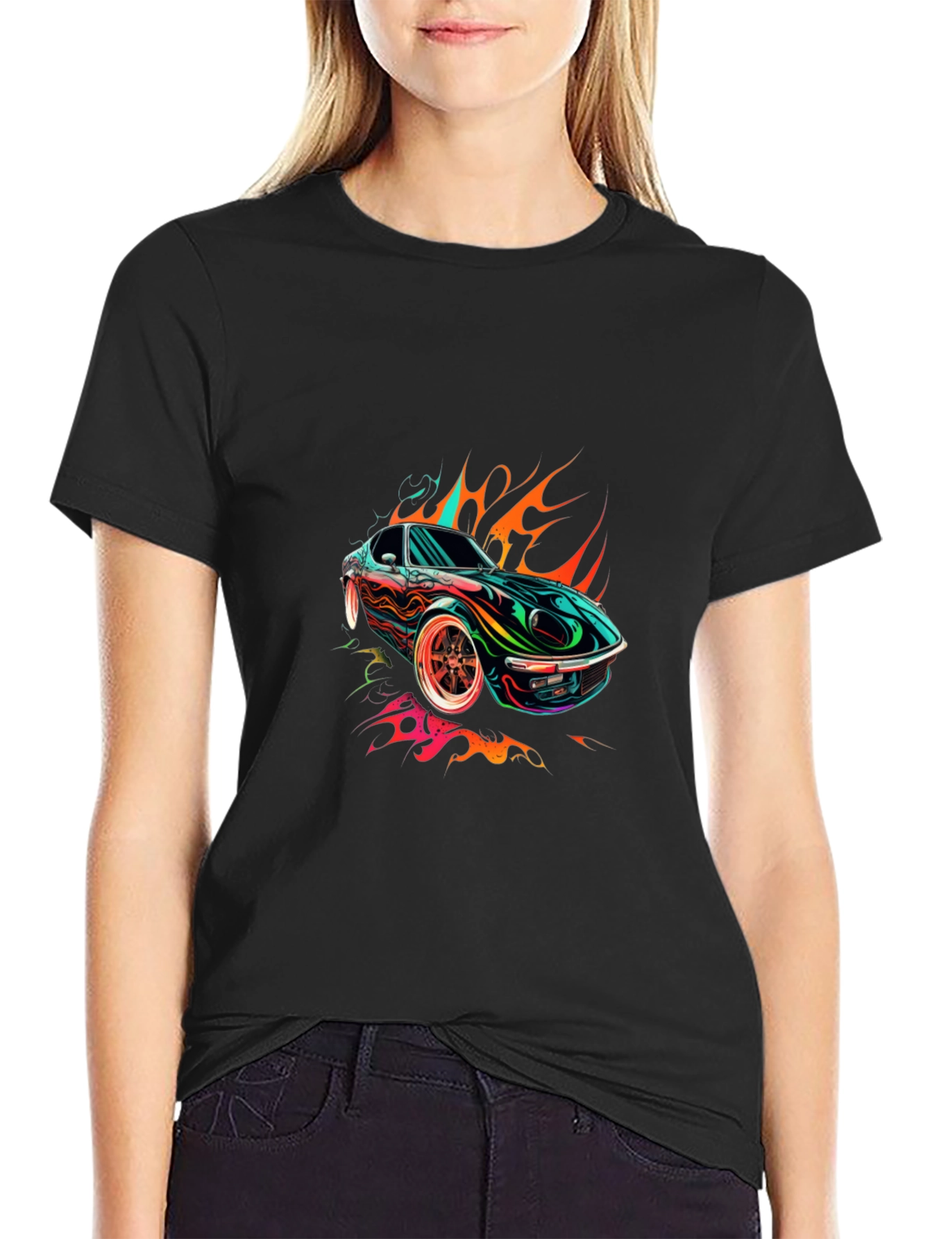Flaming Car Graphic Tee - Stylish Cotton Blend