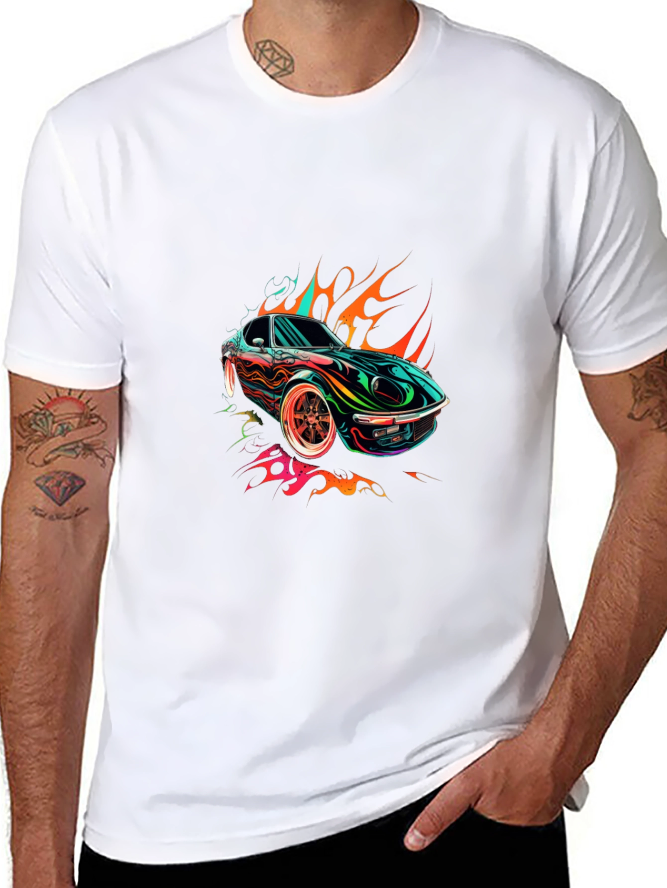 Flaming Car Graphic Tee - Stylish Cotton Blend