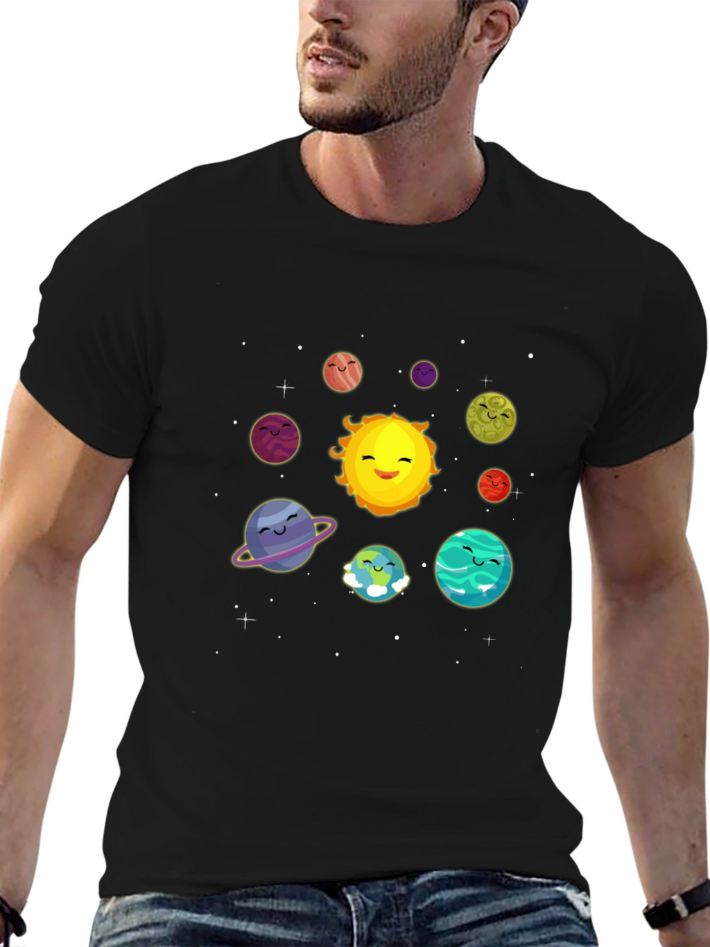 Cute Solar System Cartoon Graphic T-Shirt