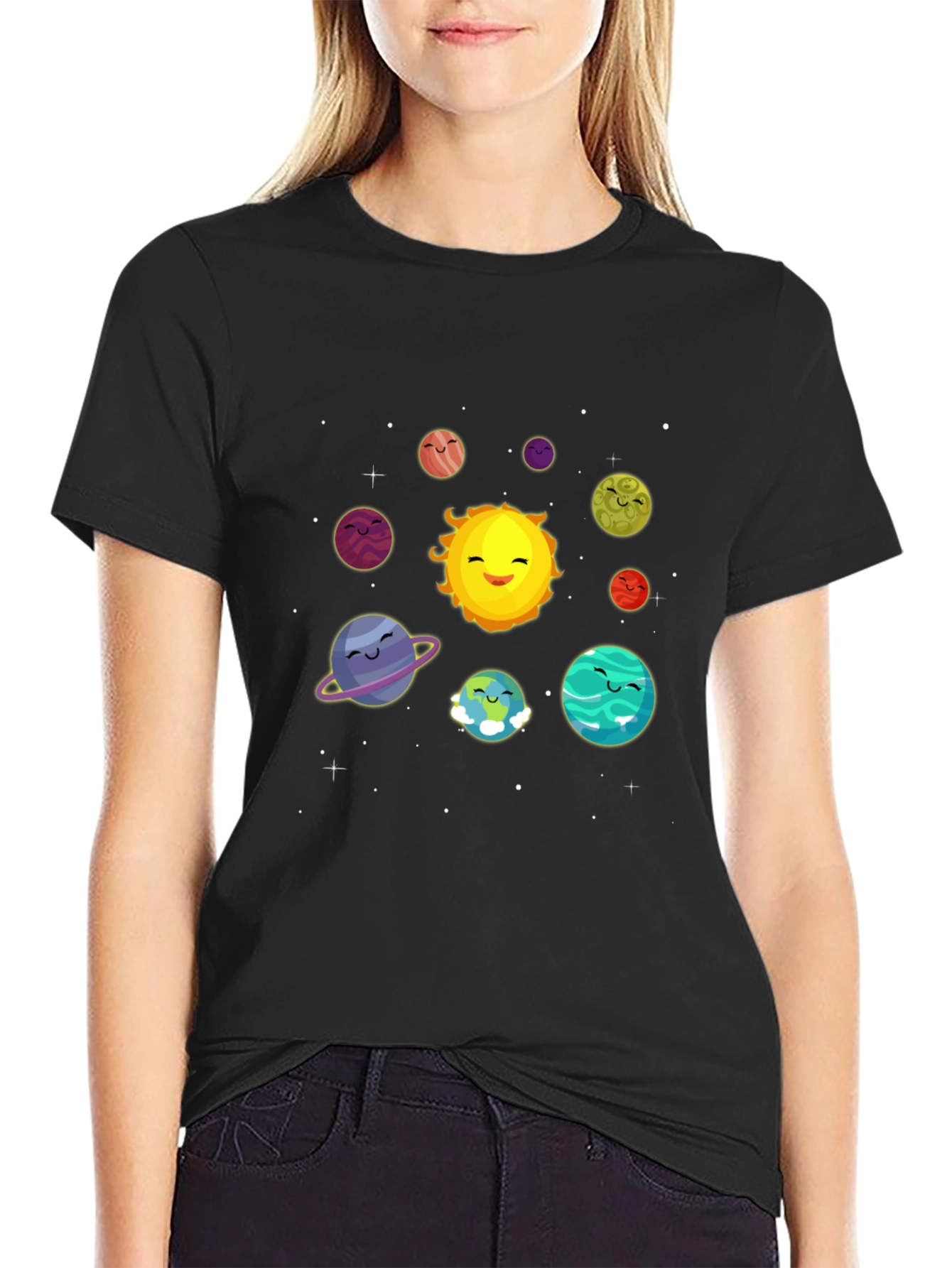 Cute Solar System Cartoon Graphic T-Shirt