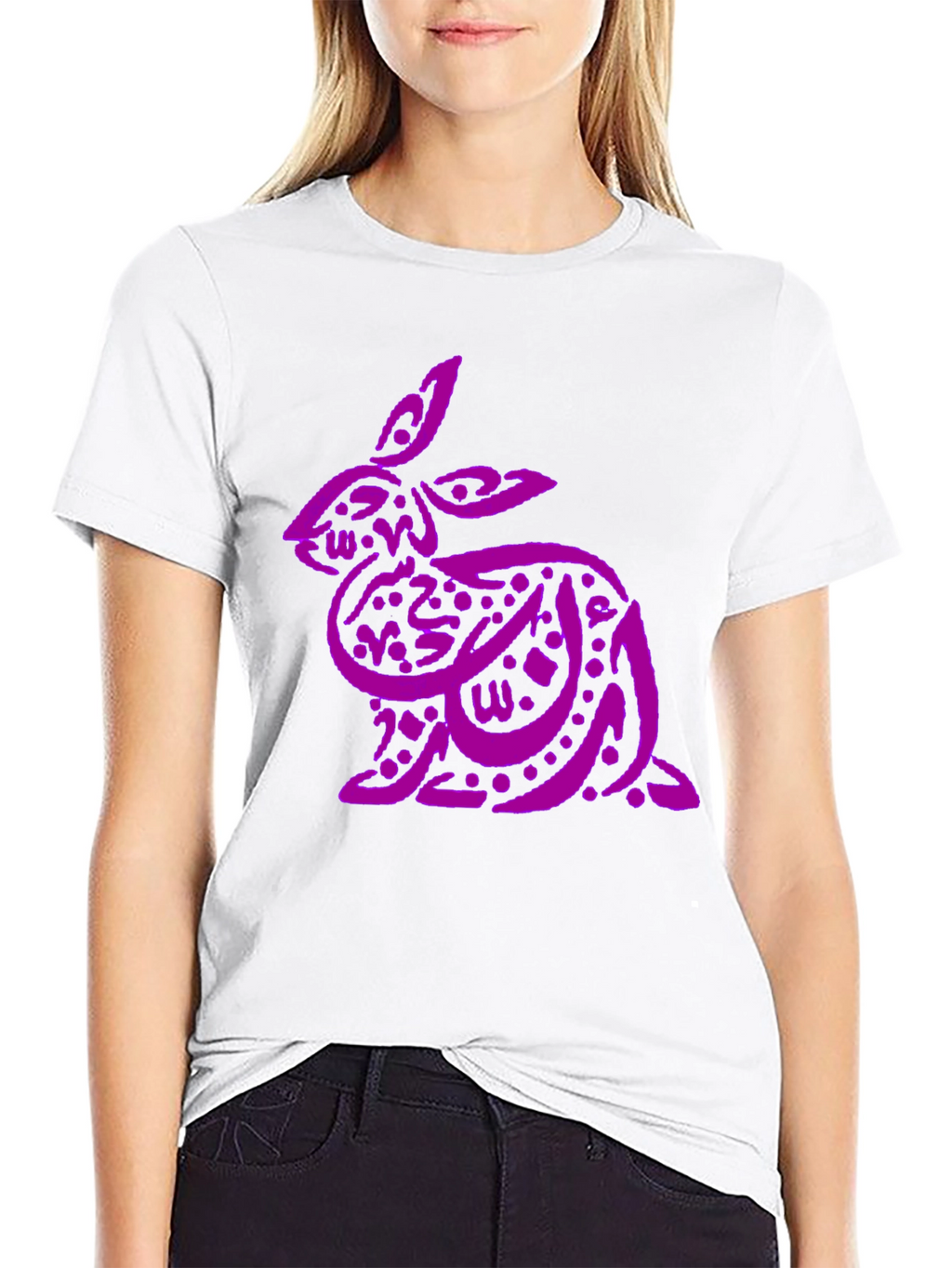 Purple Arabic Calligraphy Rabbit on Black T-Shirt