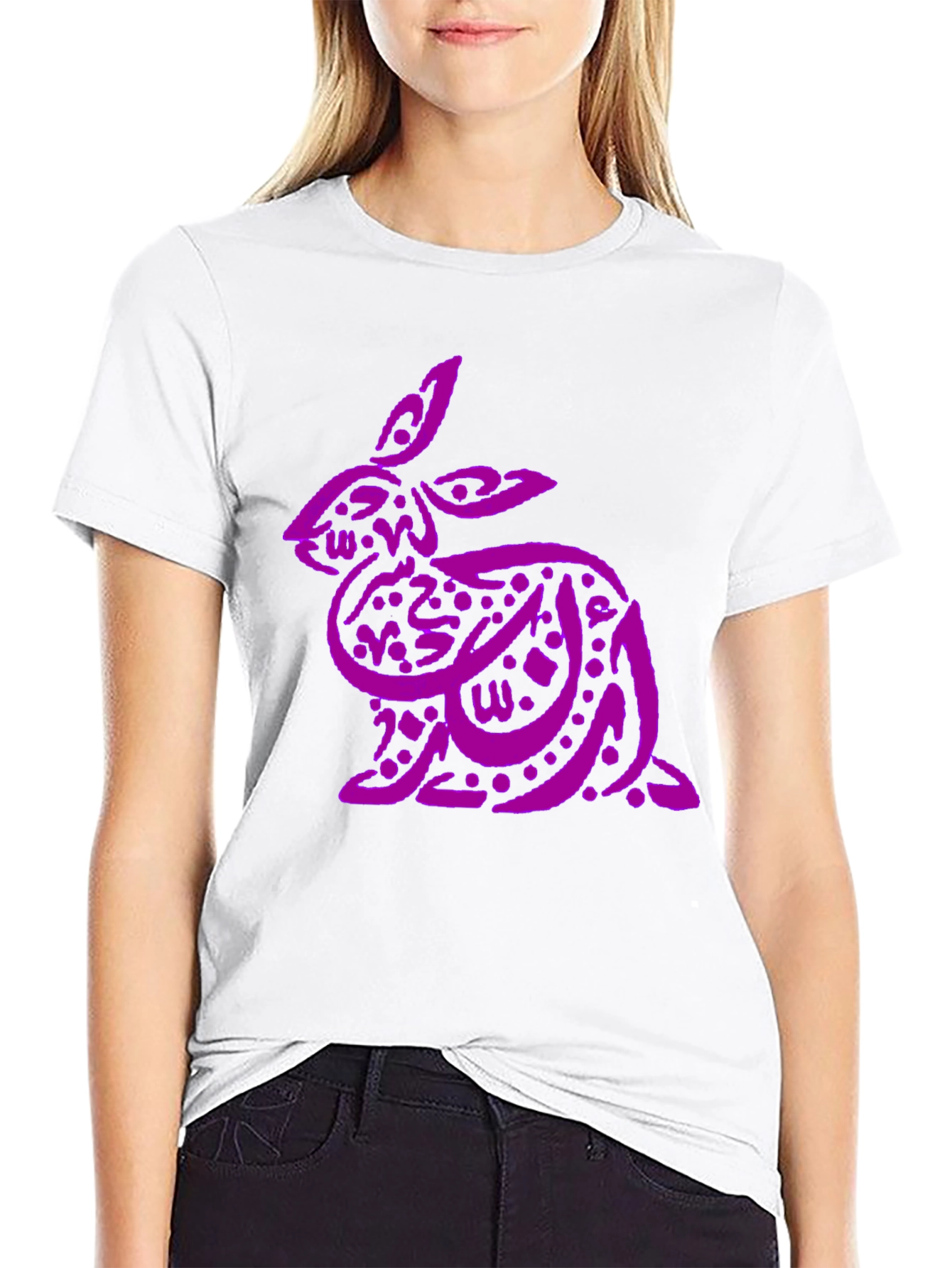 Purple Arabic Calligraphy Rabbit on Black T-Shirt