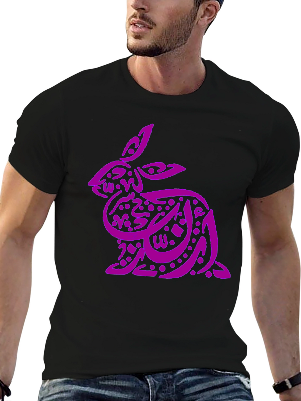 Purple Arabic Calligraphy Rabbit on Black T-Shirt