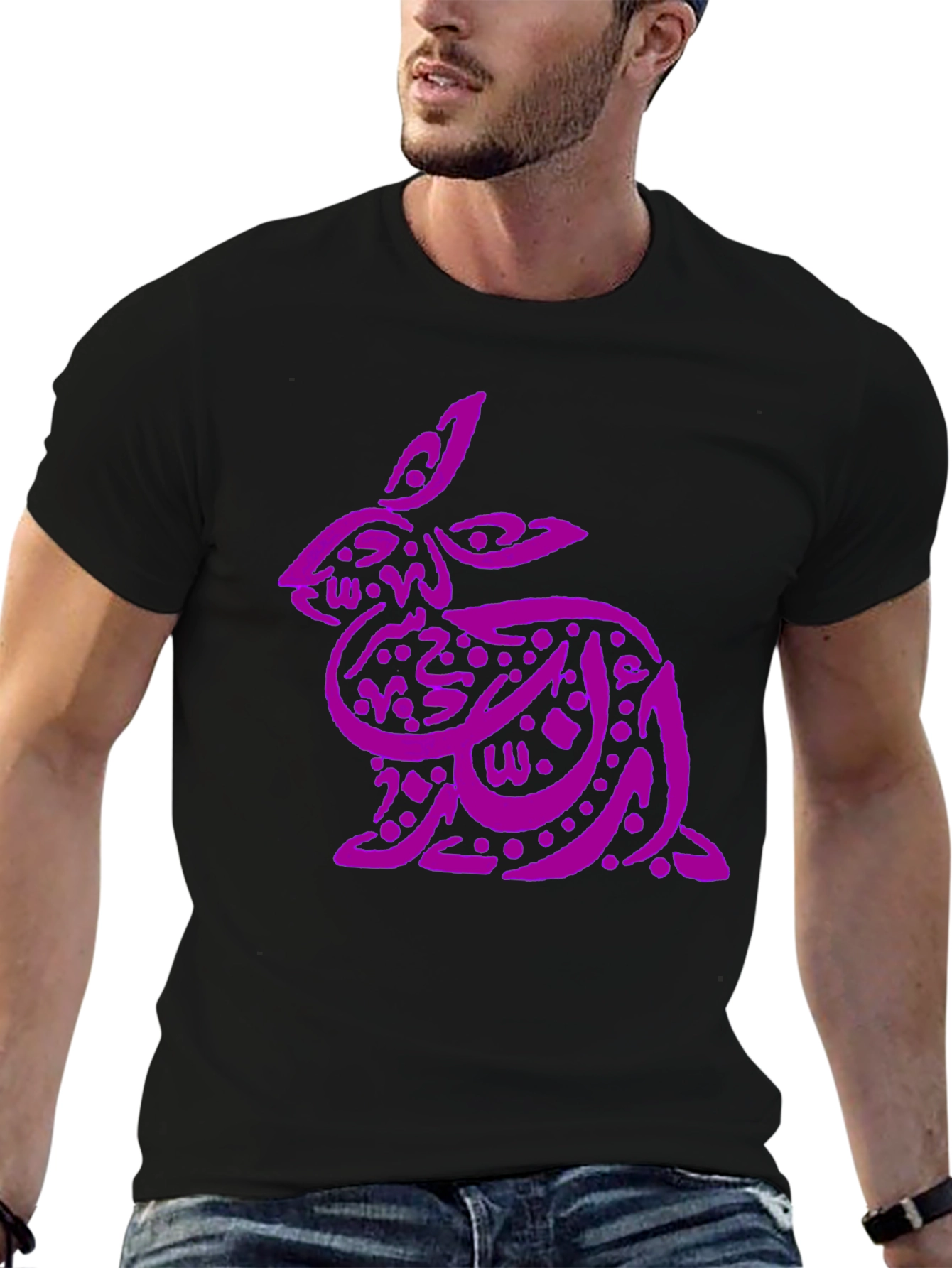 Purple Arabic Calligraphy Rabbit on Black T-Shirt