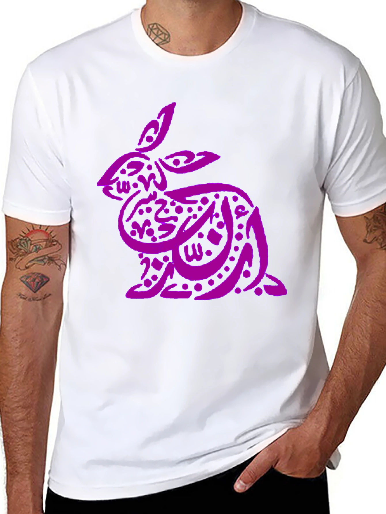 Purple Arabic Calligraphy Rabbit on Black T-Shirt