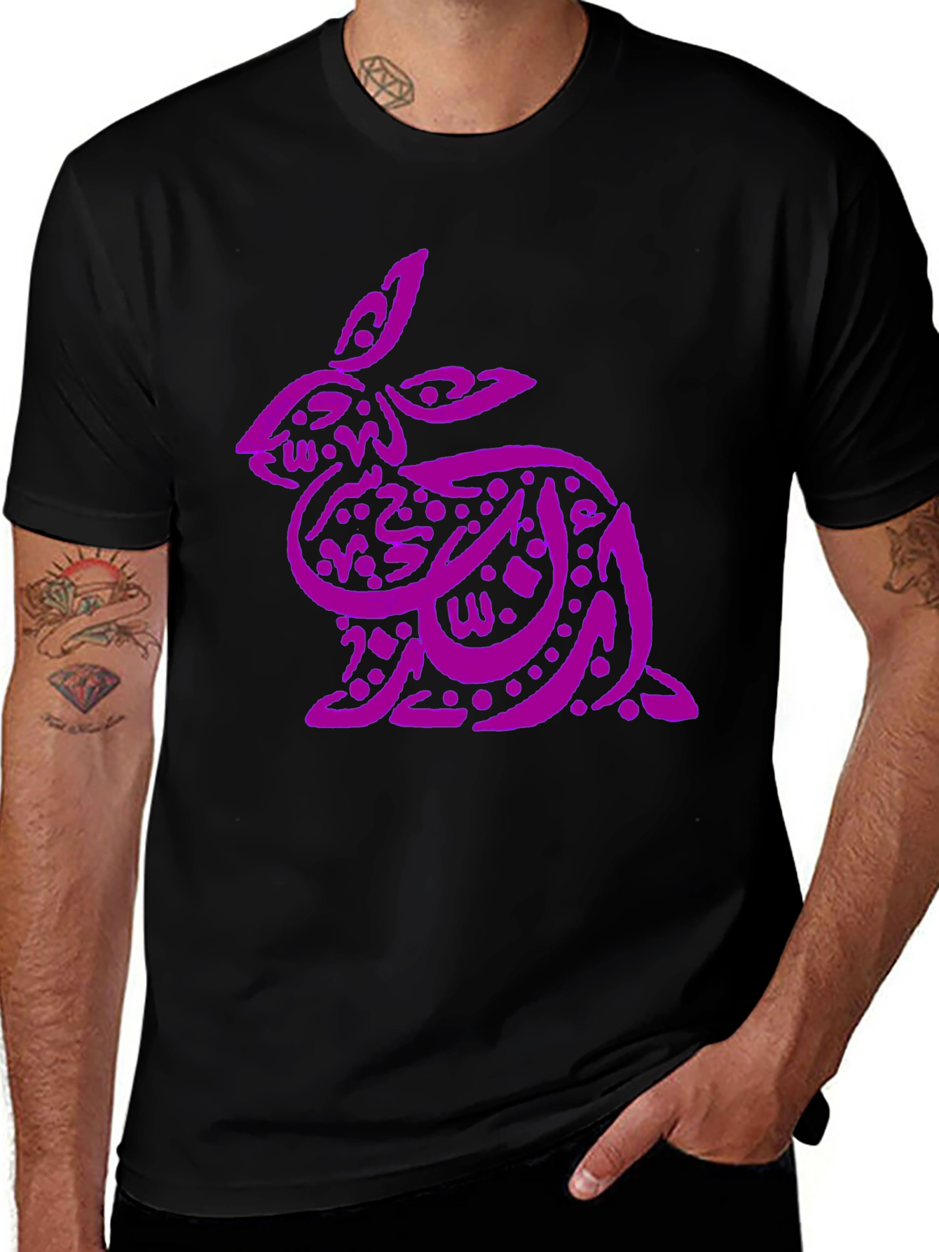 Purple Arabic Calligraphy Rabbit on Black T-Shirt