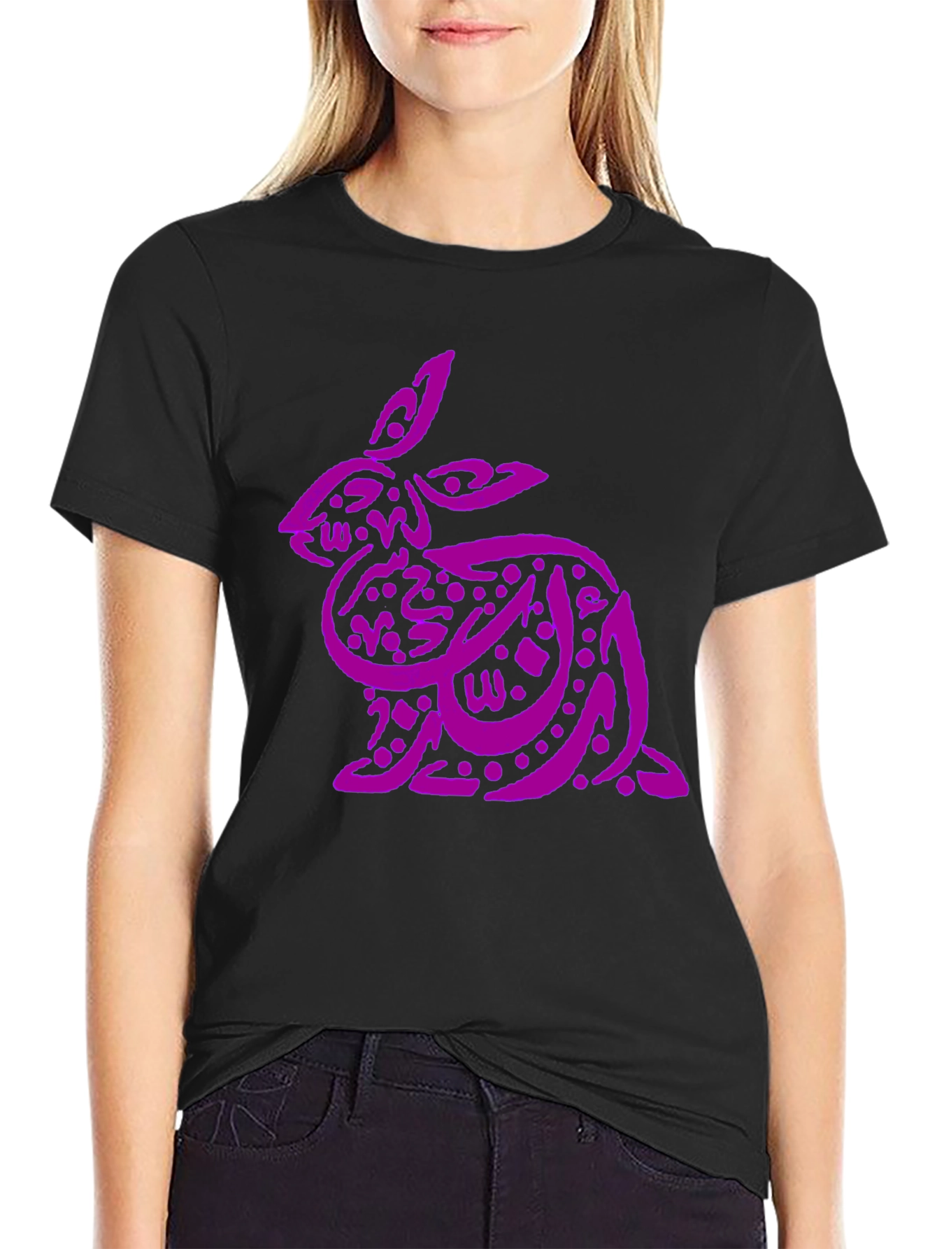 Purple Arabic Calligraphy Rabbit on Black T-Shirt