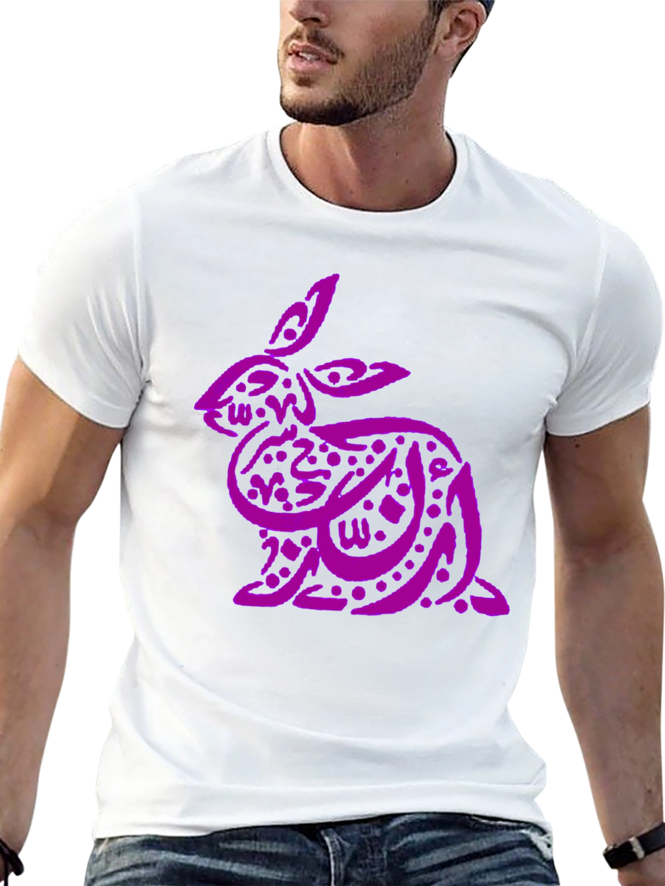 Purple Arabic Calligraphy Rabbit on Black T-Shirt