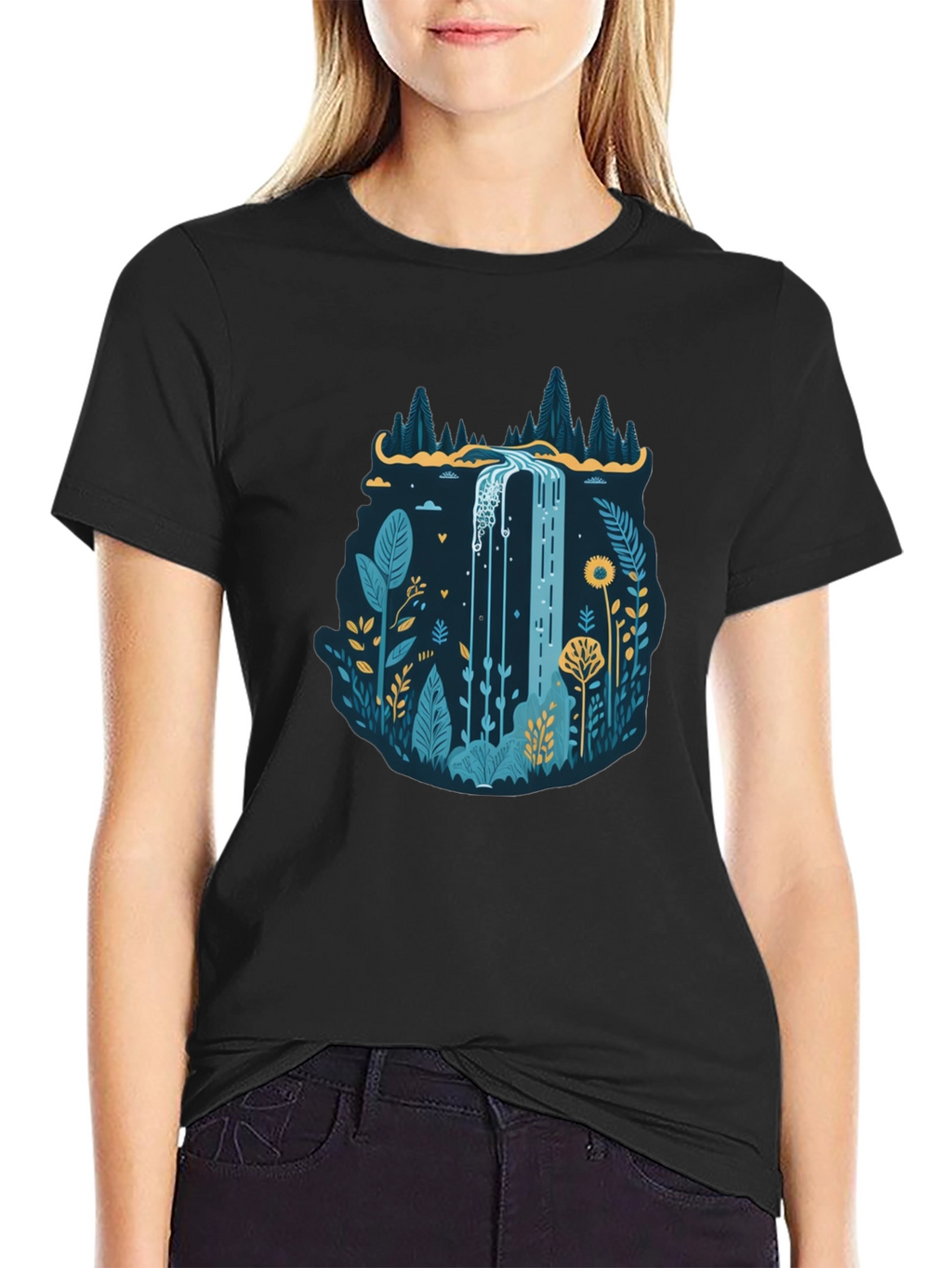 Nature Waterfall Graphic Black T-Shirt