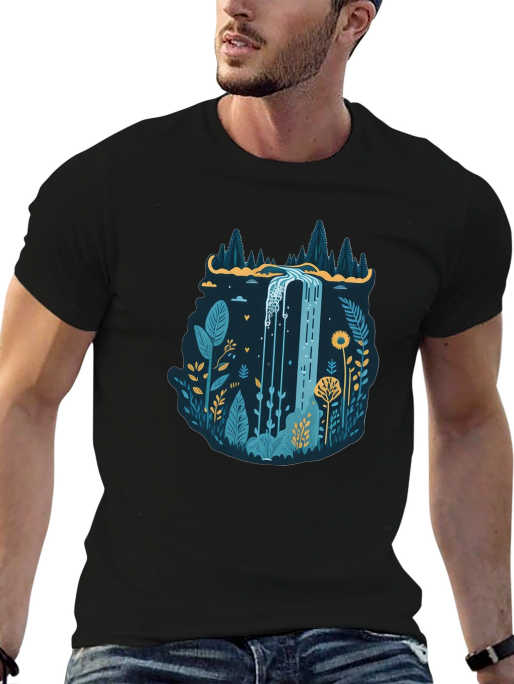 Nature Waterfall Graphic Black T-Shirt