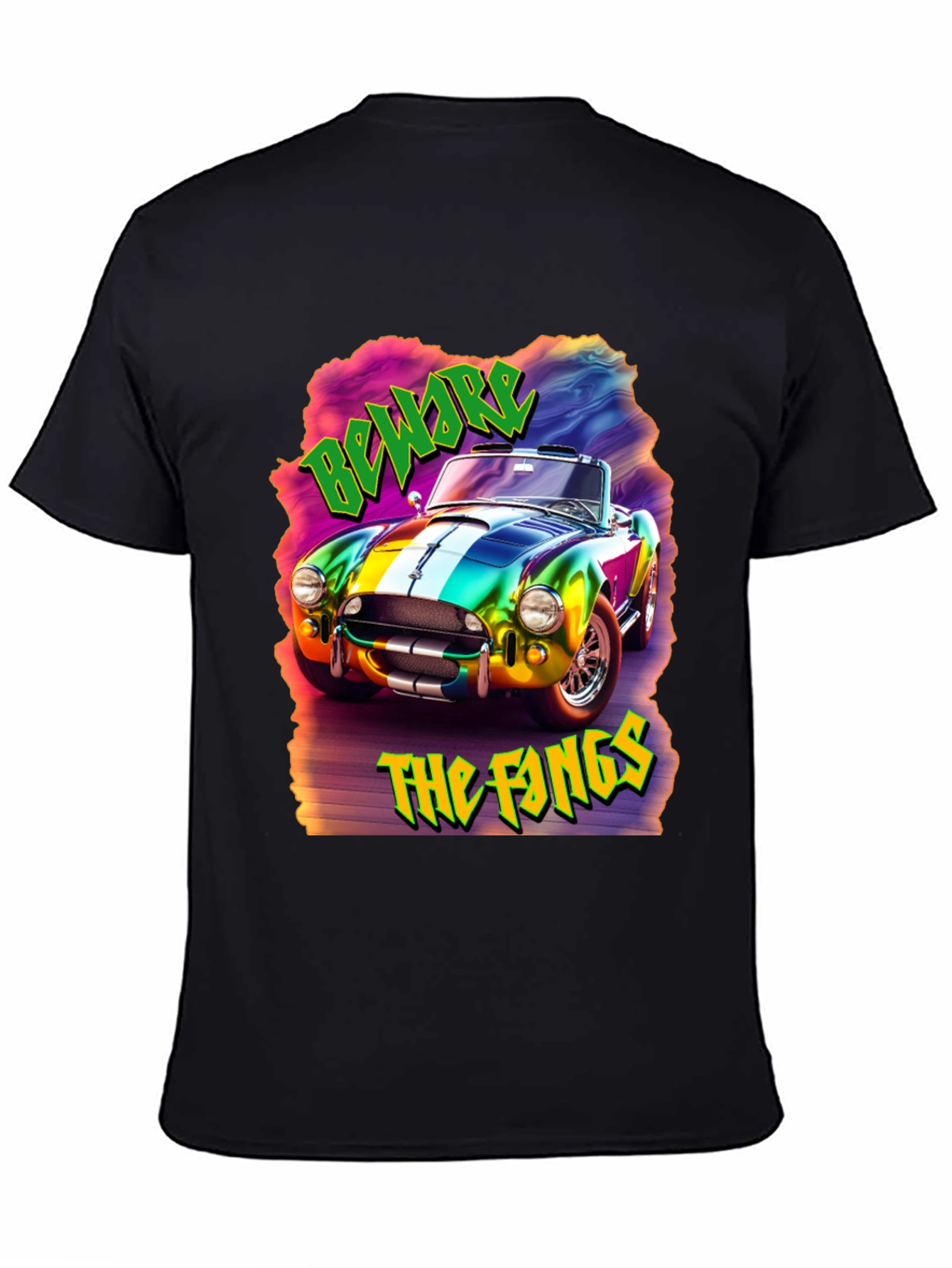 Beware the Fangs Graphic T-Shirt - Colorful Car Design