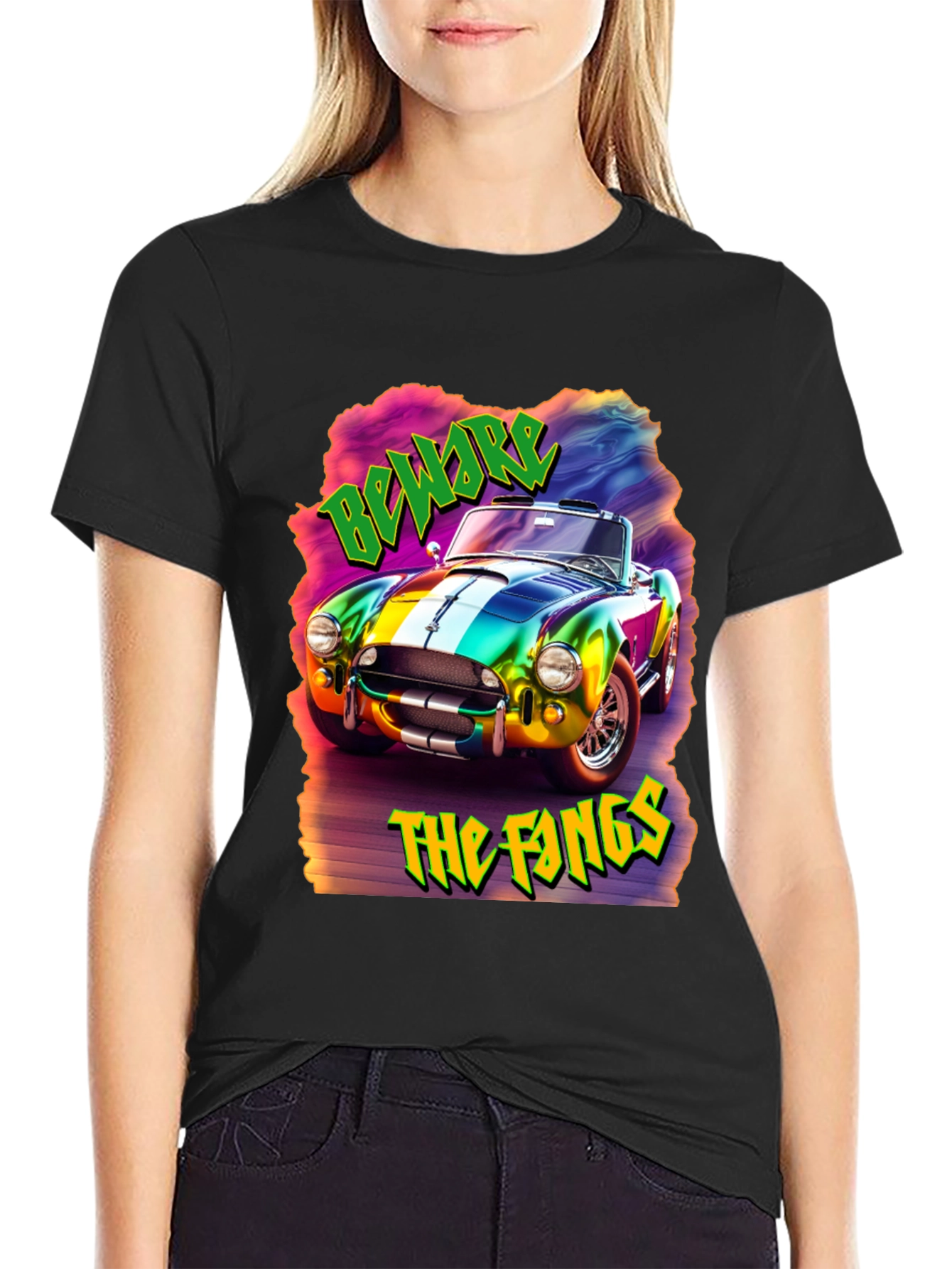 Beware the Fangs Graphic T-Shirt - Colorful Car Design