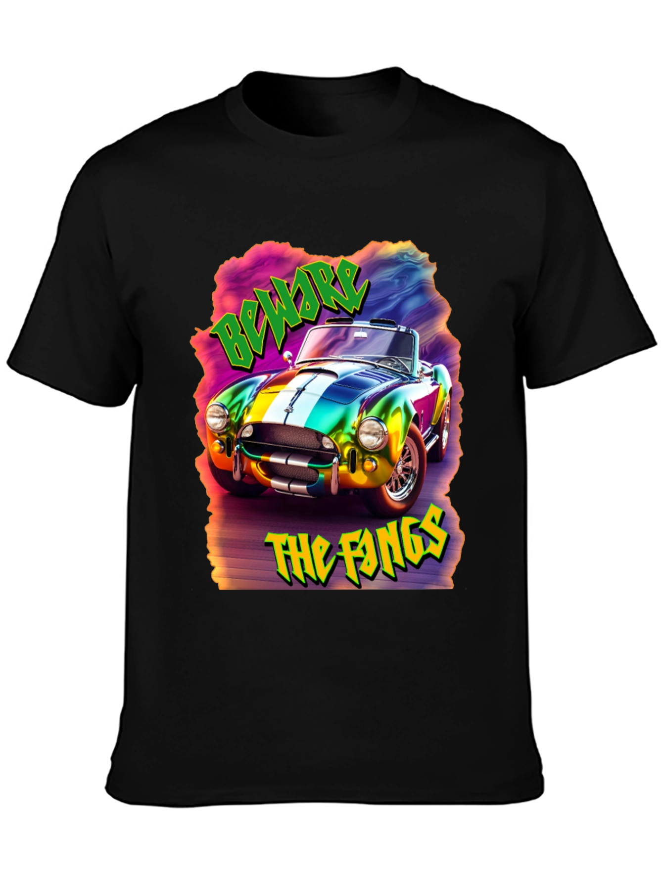 Beware the Fangs Graphic T-Shirt - Colorful Car Design