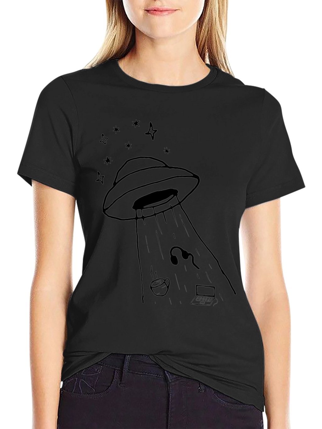 UFO Abduction Graphic Tee - Black Cotton T-Shirt