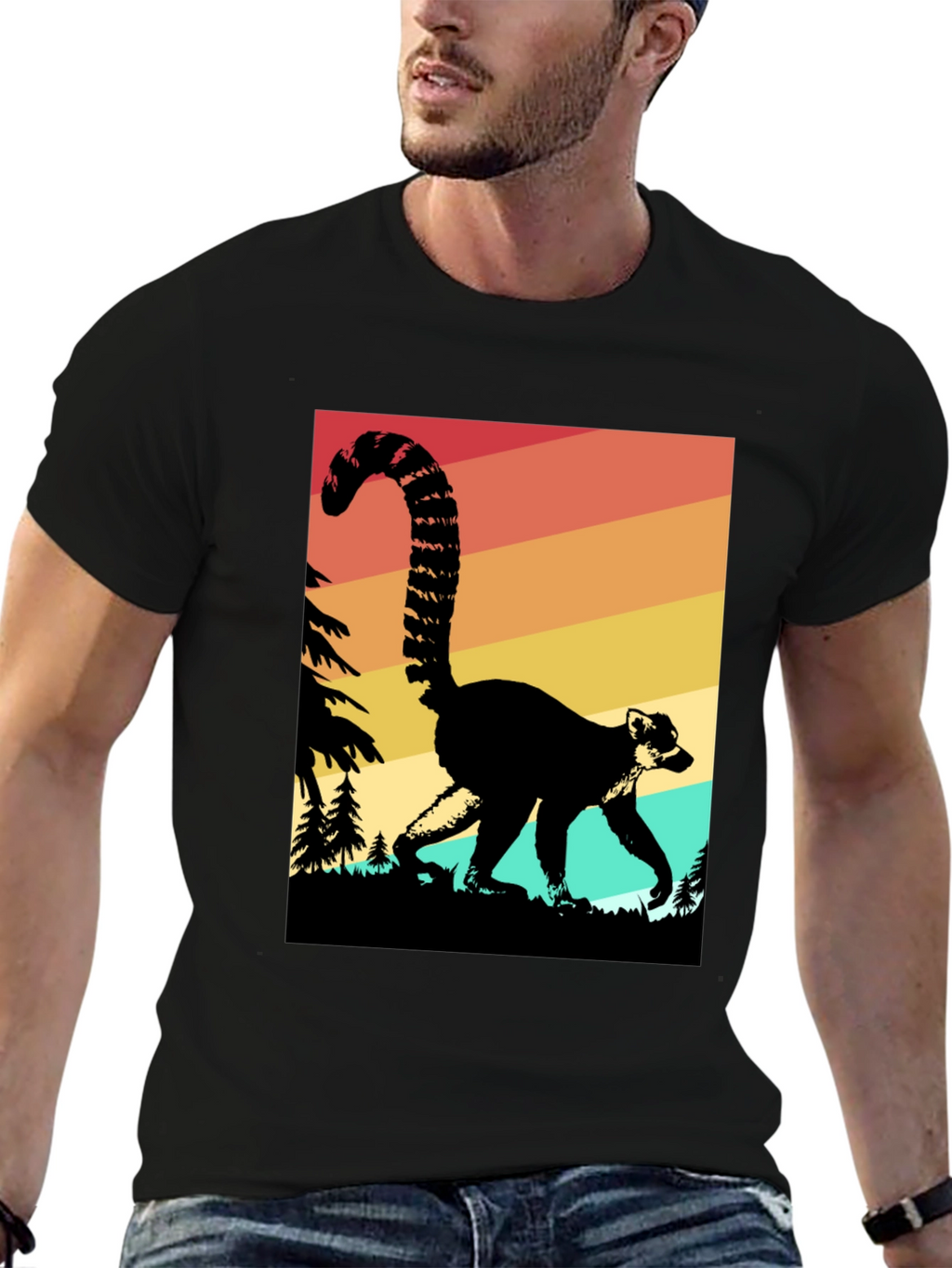 Retro Lemur Graphic Tee - Black Cotton Blend