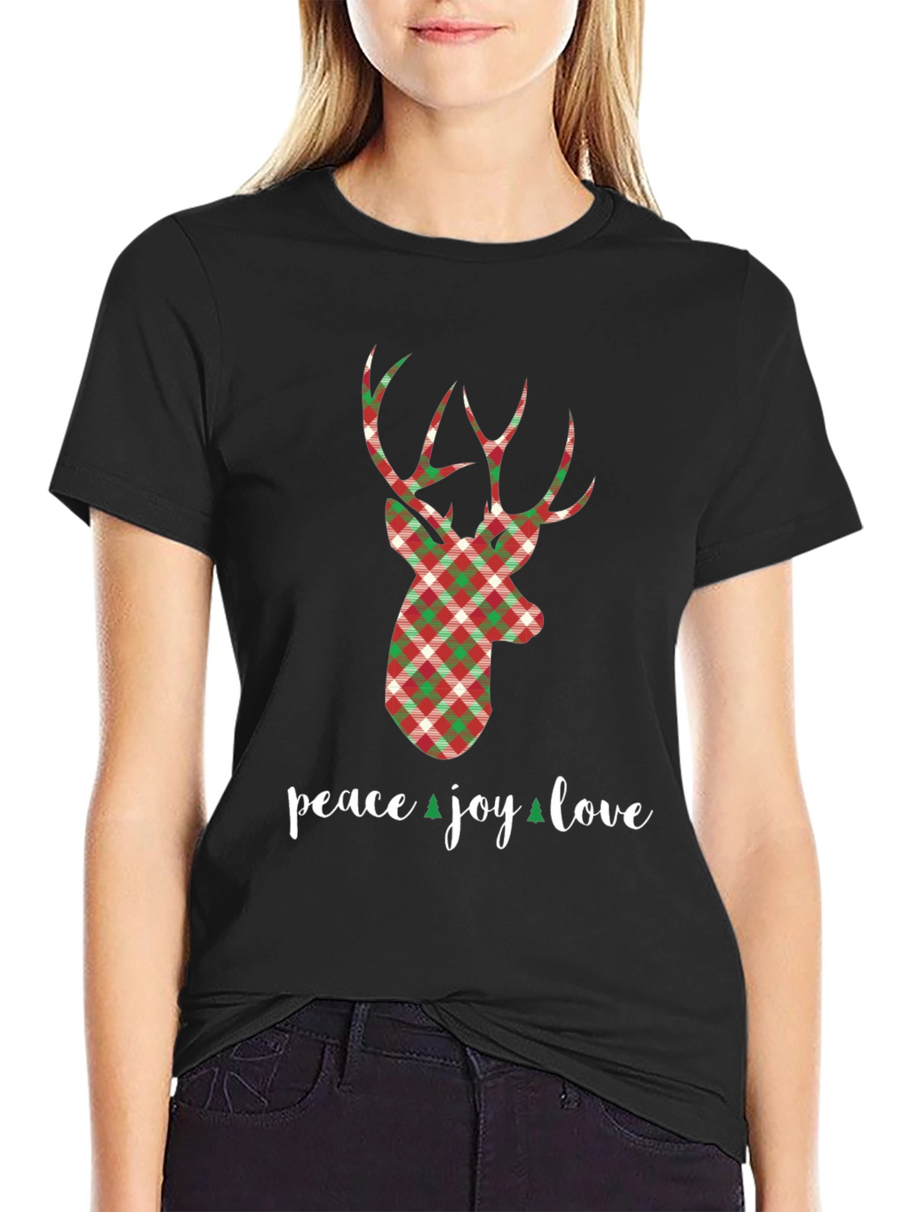 Holiday Plaid Deer T-Shirt - Peace Joy Love